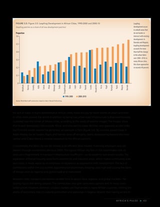 A F R I C A’ S P U L S E > 4 3
for lack of roads. In eight representative African cities, roads occupy far lower shares of urban land than
in other cities around the world. In addition to being low, urban road infrastructure is disproportionately
clustered near the center of African cities, according to the study of satellite images. The images show
that in well-developed cities outside Africa, land allocated to roads declines only gradually as one looks
out from the center toward the periphery: an example is Paris (figure 3.6). By contrast, paved roads in
Addis Ababa, Dar es Salaam, Kigali, and Nairobi drop off abruptly, nearly disappearing beyond the most
central area (Dakar being a notable exception to the African pattern).
Economically, the ideal city can be viewed as an efficient labor market, matching employers and job
seekers through connections (Bertaud 2004). The typical African city fails in this matchmaker role. Its
land use is fragmented, its transport infrastructure insufficient—so its residents lack access to jobs. The
separation of formal housing areas from commercial and industrial areas, which makes commuting slow
and costly, is made worse by an emphasis on expansion as opposed to infill development. The lack of
connections within the city stymies agglomeration economies, keeping costs high and closing the doors
of African cities to regional and global trade and investment.
Between cities, transport connections enable firms to access local, regional, and global markets—for
buying inputs and selling outputs. The connections also give consumers options and, in many cases,
better prices. However, domestic product markets are fragmented in many African countries, limiting the
ability of secondary cities to expand production and specialize. In Nigeria, despite their having access to
Leapfrog
development occurs
in unbuilt areas that
do not border or
intersectwithexisting
development. In
Bamako and Maputo,
leapfrogdevelopment
accounts for more
than half the change
in the urban fabric
over 2000–2010; in
many African cities,
this share approaches
or exceeds 40 percent.
Source: World Bank staff construction, based on data in Baruah forthcoming.
FIGURE 3.5: Figure 3.5: Leapfrog Development in African Cities, 1990-2000 and 2000-10
(leapfrog patches as a share of all new development patches)
1990-2000 2000-2010
0
0.1
0.2
0.3
0.4
0.5
0.6
Windhoek
Niamey
Conakry
Addis
Sukuta
Bulawayo
Touba
Dakar
Ouagadougou
Lagos
Kano
Nairobi
Lusaka
Accra
Nouakchott
Kigali
Kampala
Nyala
Maputo
Bamako
Abuja
Proportion
 
