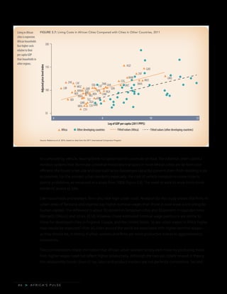 A F R I C A’ S P U L S E>4 6
to commute by vehicle, leaving them no option but to commute on foot. The informal, often colorful
minibus systems that dominate collective motorized transport in most African cities are far from cost-
efficient: the buses’ small size and low load factor (passenger capacity) prevent them from realizing scale
economies. For the poorest urban residents especially, the cost of vehicle transport in some cities is
plainly prohibitive, as measured in a study from 2008 (figure 3.8). The need to walk to work limits these
residents’ access to jobs.
Like households and workers, firms also face high urban costs. Research for this study shows that firms in
urban areas of Tanzania and Uganda pay higher nominal wages than those in rural areas (controlling for
human capital). The difference is about 30 percent in Tanzanian cities and 50 percent in Ugandan ones
(Bernard, D’Aoust, and Jones 2016). However, these estimated nominal wage premiums are similar to
those for developed cities in England, Europe, and the United States. So are urban wages in Africa higher
than would be expected? After all, cities around the world are associated with higher nominal wages—
as they should be, in theory, if urban workers and firms are more productive thanks to agglomeration
economies.
Two considerations dispel the notion that African urban workers simply earn more by producing more.
First, higher wages need not reflect higher productivity. Although the two are closely related in theory,
this relationship breaks down if, say, labor and product markets are not perfectly competitive. Second,
Living in African
cities is expensive.
African households
face higher costs
relative to their
per capita GDP
than households in
other regions.
FIGURE 3.7: Living Costs in African Cities Compared with Cities in Other Countries, 2011
Source: Nakamura et al. 2016, based on data from the 2011 International Comparison Program.
6
50
100
150
200
8 10 12
AGO
GAB
ZAF
GNQ
MUS
BWA
COG
SWZ
LBR
BDI
RWA
BFA
GMB
SLE
ETH
Log of GDP per capita (2011 PPP$)
Adjustedpricelevelindex
MOZ
GMB
MDG TZA
UGA
NER
MWI
GNB
NGA
ZMB
LSO
SEN
TOD GHA
SDN
CRMMLI
KEN
TGO
BEN
NAM
ZAR CAF
Africa Fitted values (Africa) Fitted values (other developing countries)Other developing countries
 