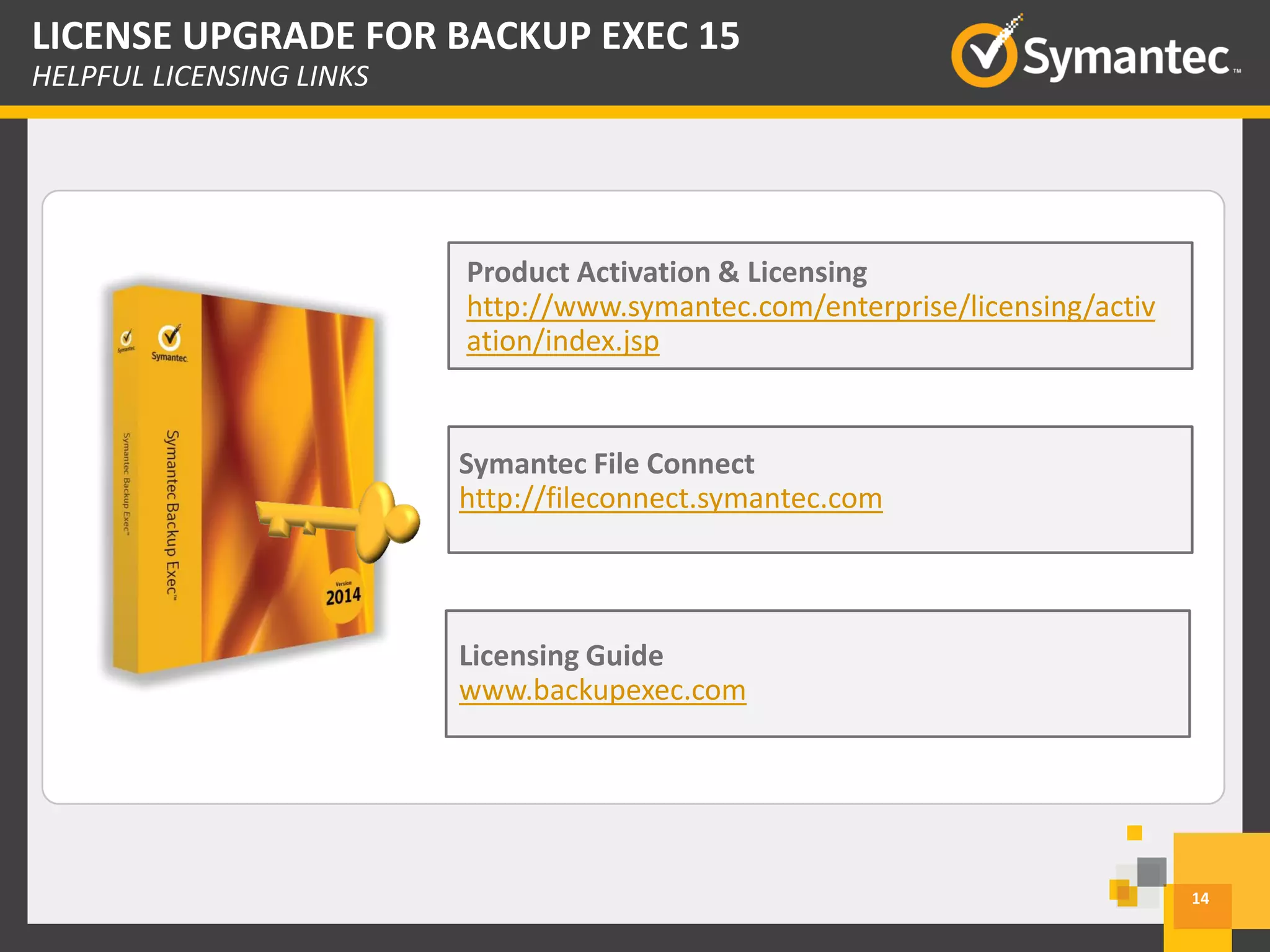 Product Activation & Licensing
http://www.symantec.com/enterprise/licensing/activ
ation/index.jsp
Symantec File Connect
http://fileconnect.symantec.com
Licensing Guide
www.backupexec.com
14
LICENSE UPGRADE FOR BACKUP EXEC 15
HELPFUL LICENSING LINKS
 
