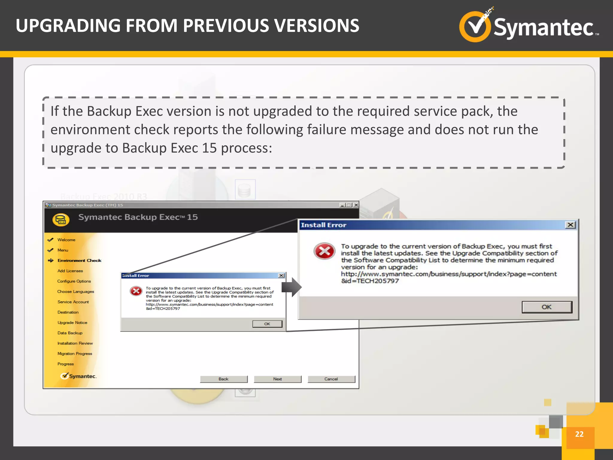 22
UPGRADING FROM PREVIOUS VERSIONS
Backup Exec™ 2014 Server
Protected
Servers
Backup Exec 12.5
latest service pack*
Backup Exec 2010 R3
and above*
Backup Exec 2014
Beta1, Beta2, RTM
Protected
Servers
Backup Exec 2010 R3
and above*
Backup Exec 2014
If the Backup Exec version is not upgraded to the required service pack, the
environment check reports the following failure message and does not run the
upgrade to Backup Exec 15 process:
 