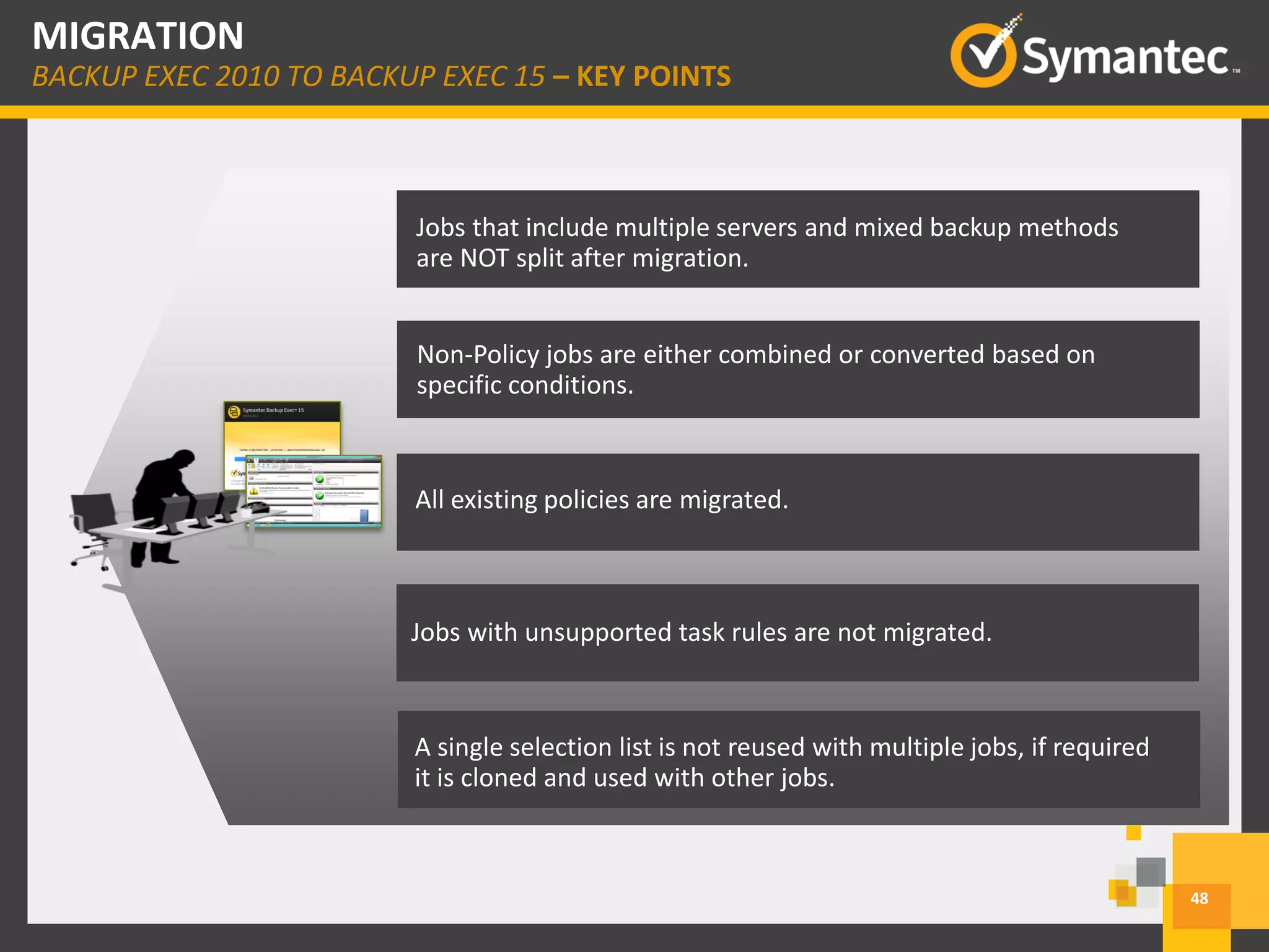 48
MIGRATION
BACKUP EXEC 2010 TO BACKUP EXEC 15 – KEY POINTS
Jobs that include multiple servers and mixed backup methods
are NOT split after migration.
Non-Policy jobs are either combined or converted based on
specific conditions.
All existing policies are migrated.
Jobs with unsupported task rules are not migrated.
A single selection list is not reused with multiple jobs, if required
it is cloned and used with other jobs.
 