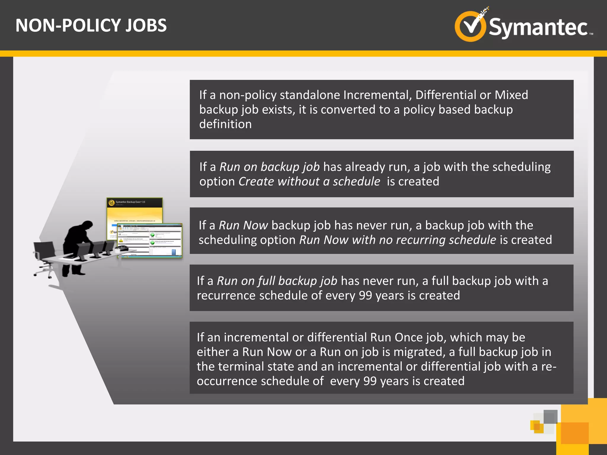 NON-POLICY JOBS
If a non-policy standalone Incremental, Differential or Mixed
backup job exists, it is converted to a policy based backup
definition
If a Run on backup job has already run, a job with the scheduling
option Create without a schedule is created
If a Run Now backup job has never run, a backup job with the
scheduling option Run Now with no recurring schedule is created
If a Run on full backup job has never run, a full backup job with a
recurrence schedule of every 99 years is created
If an incremental or differential Run Once job, which may be
either a Run Now or a Run on job is migrated, a full backup job in
the terminal state and an incremental or differential job with a re-
occurrence schedule of every 99 years is created
 