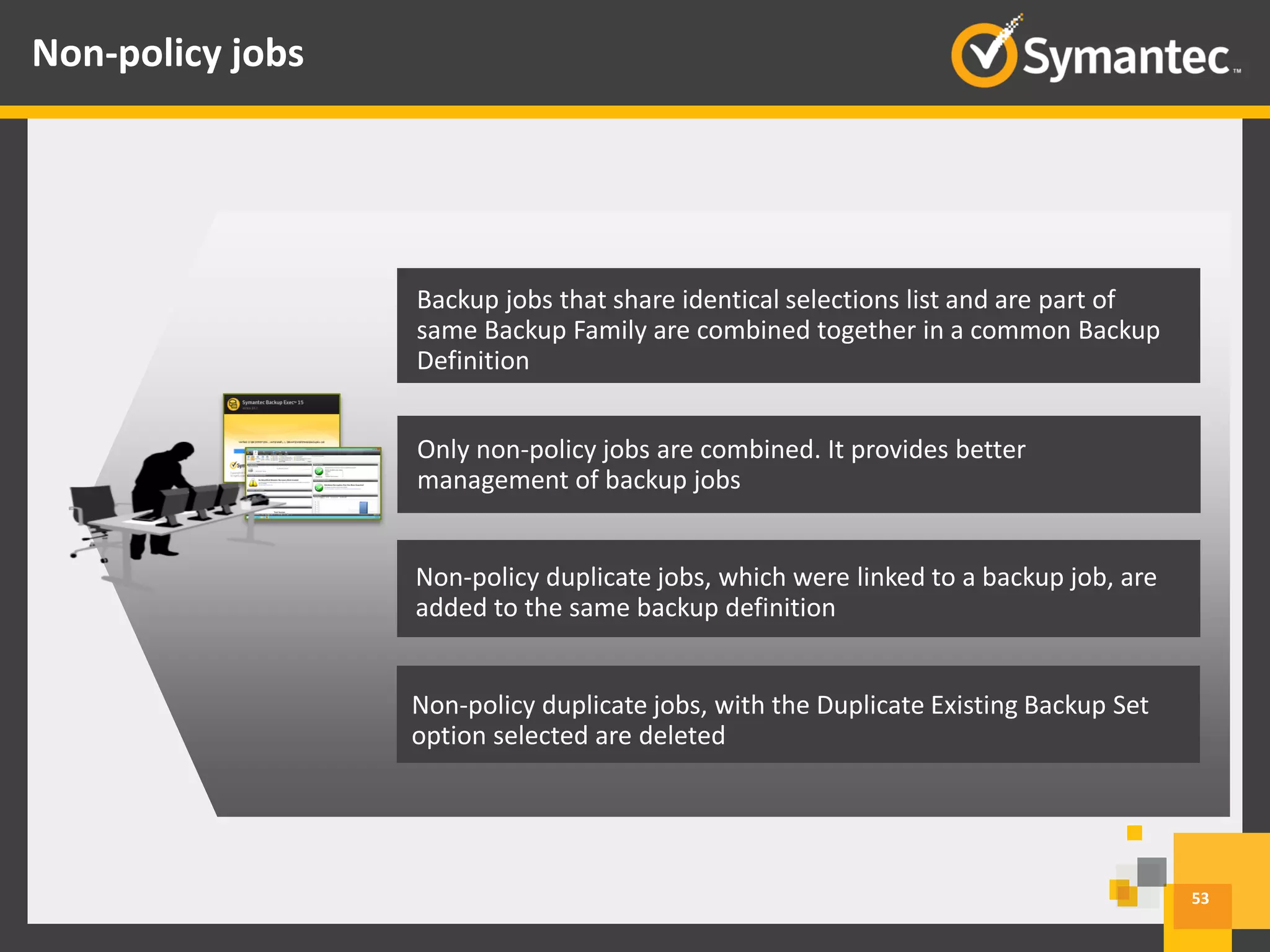 53
Non-policy jobs
Backup jobs that share identical selections list and are part of
same Backup Family are combined together in a common Backup
Definition
Only non-policy jobs are combined. It provides better
management of backup jobs
Non-policy duplicate jobs, which were linked to a backup job, are
added to the same backup definition
Non-policy duplicate jobs, with the Duplicate Existing Backup Set
option selected are deleted
 