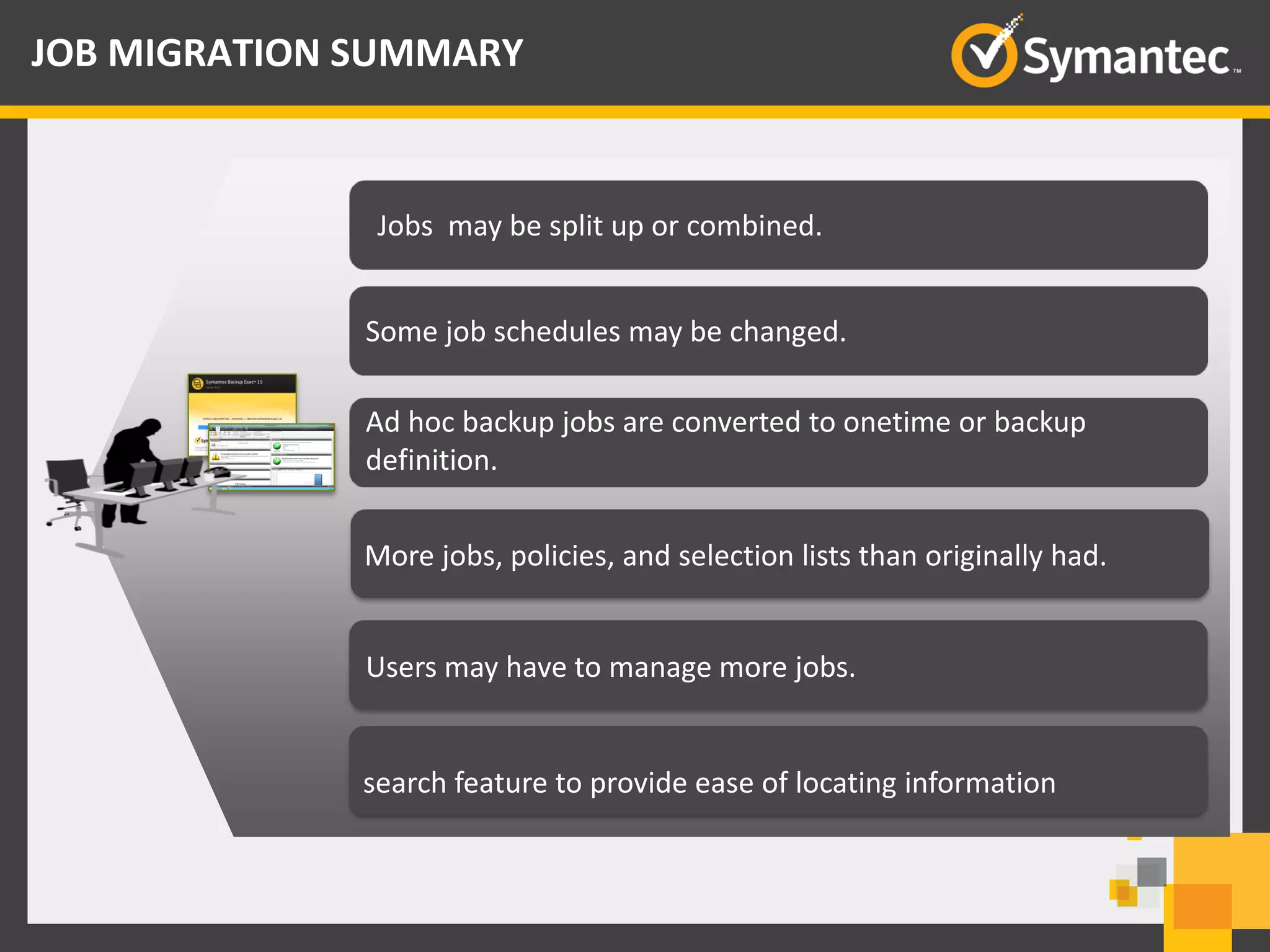 Jobs may be split up or combined.
Some job schedules may be changed.
Ad hoc backup jobs are converted to onetime or backup
definition.
More jobs, policies, and selection lists than originally had.
Users may have to manage more jobs.
search feature to provide ease of locating information
JOB MIGRATION SUMMARY
 