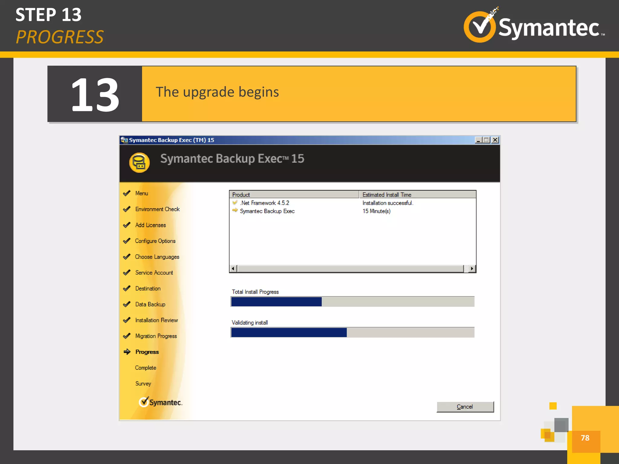 13 The upgrade begins
78
STEP 13
PROGRESS
 