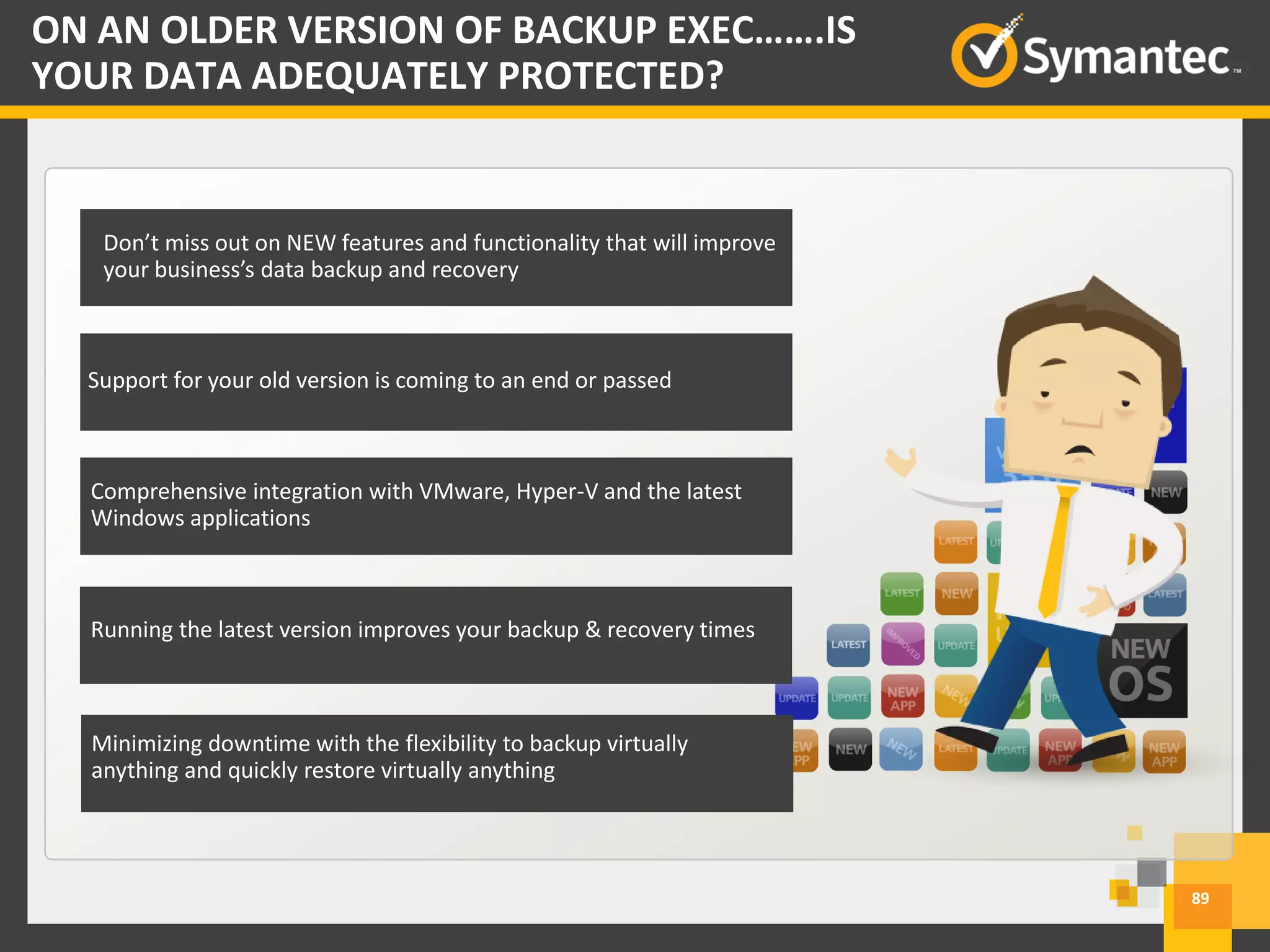 89
ON AN OLDER VERSION OF BACKUP EXEC…….IS
YOUR DATA ADEQUATELY PROTECTED?
Don’t miss out on NEW features and functionality that will improve
your business’s data backup and recovery
Support for your old version is coming to an end or passed
Comprehensive integration with VMware, Hyper-V and the latest
Windows applications
Running the latest version improves your backup & recovery times
Minimizing downtime with the flexibility to backup virtually
anything and quickly restore virtually anything
 