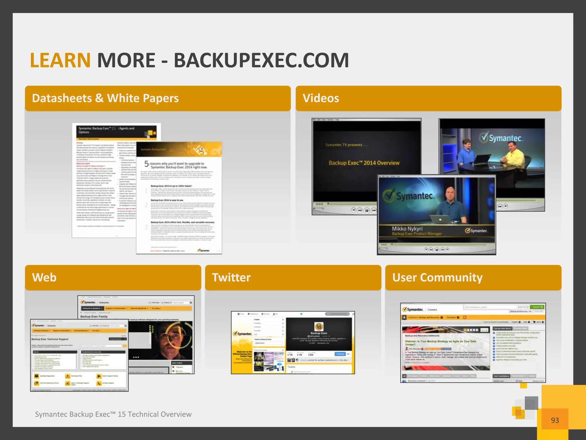 Symantec Backup Exec™ 15 Technical Overview
Datasheets & White Papers Videos
Web Twitter User Community
LEARN MORE - BACKUPEXEC.COM
93
Symantec Backup Exec™ 15 Technical Overview
15
15
 