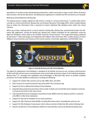 10
data before it’s written to the selected backup destination, which can be disk or tape or both. When all backup
data has been sent by the SQL Server, the Backup Exec application is notified and VDI connections are released.
Backing up Virtual Machines Hosting SQL
The backup process changes slightly for SQL Servers running in a virtual enviornment. To protect SQL servers
running in a virtual environment, Backup Exec use Granular Recovery Technology (GRT), which enables Backup
Exec to collect the information that is required to restore individual SQL database items within the virtual
machine.
When you create a backup job for a virtual machine hosting SQL, Backup Exec automatically locates the VSS-
aware SQL application. During the backup job, Backup Exec collects metadata for the application using the
Agent for Windows, which needs to be installed inside the virtual machine. This image-level backup, powered
by Symantec™ V-Ray technology and integrated with VMware Data Protection APIs, enables backup of entire
VMware virtual machines and recovery at the virtual machine, virtual disk, application, and file/folder level.
Figure 4: Granular Recovery of a SQL Virtual Machine
The Agent for Applications and Databases is designed to be flexible and easy-to-use, and gives administrators
of Microsoft SQL infrastructures comprehensive and customizable protection, down to the individual database.
Backup Exec™ 15 leverages the capabilities and technologies in Microsoft SQL Server to provide complete
protection of the SQL database components, including the following:
• Support for modern SQL versions such as SQL 2008, 2012, and 2014
• Data recovery to named transaction log marks within the transaction log
• Support for full or differential backups of the database
• Expanded data protection parameters that include multiple and named SQL Server database instances
running concurrently on the same server
• Improved performance of database consistency checks (DBCC) with the ability to perform a physical-
only DBCC on SQL Server databases
• Support for SQL Server database mirror data protection
• Support for SQL Filestream Data (BLOB) including Word documents, spreadsheets, pictures, etc
• Support for SQL Database Compression which reduces volume of data that SQL sends to Backup Exec
• Dynamic protection of new databases added to a top-level SQL resource protected by Backup Exec
 