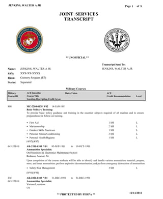 Page of1
12/14/2016
** PROTECTED BY FERPA **
JENKINS, WALTER A JR 9
JENKINS, WALTER A JR
XXX-XX-XXXX
Gunnery Sergeant (E7)
JENKINS, WALTER A JR
Transcript Sent To:
Name:
SSN:
Rank:
JOINT SERVICES
TRANSCRIPT
**UNOFFICIAL**
Military Courses
SeparatedStatus:
Military
Course ID
ACE Identifier
Course Title
Location-Description-Credit Areas
Dates Taken ACE
Credit Recommendation Level
Basic Military Training:
808 14-JAN-1991
To provide basic policy guidance and training in the essential subjects required of all marines and to ensure
preparedness for follow-on training.
MC-2204-0038 V02
First Aid
Marksmanship
Outdoor Skills Practicum
Personal Fitness/Conditioning
Personal Health/Hygiene
1 SH
2 SH
1 SH
3 SH
1 SH
L
L
L
L
L
Ammunition Specialist:
Ammunition Specialist:
AR-2201-0389 V01
AR-2201-0389 V01
03-SEP-1991
31-DEC-1991
10-OCT-1991
31-DEC-1991
Upon completion of the course students will be able to identify and handle various ammunition material; prepare,
store, and issue ammunition; perform explosive decontamination; and perform emergency destruction of ammunition.
645-55B10
23C
Ord Munitions & Electronics Maintenance School
Various Locations
Redstone Arsenal, AL
US
645-55B10
Safety Risk Management 3 SH L
(4/87)(4/87)
(8/91)(8/91)
to
to
 