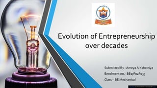 Evolution of Entrepreneurship
over decades
Submitted By : Ameya A Kshatriya
Enrolment no.- BE17F02F035
Class – BE Mechanical
This Photo by Unknown Author is licensed under CC BY
 
