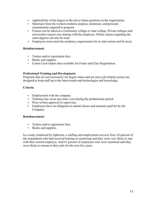 11	
• Applicability of the degree to the job or future positions in the organization
• Statement from the workers/students purpose, intentions, and personal
commitments required to program
• Classes can be taken at a community college or state college. Private colleges and
universities require cost sharing with the employee. Online classes regarding the
same degrees can also be used.
• Employees must meet the residency requirements for in-state tuition and be local.
Reimbursement:
• Tuition and/or registration fees.
• Books and supplies.
• Centre Crest makes time available for Finals and Class Registration.
Professional Training and Development:
Programs that are not necessarily for degree status and are more job related courses are
designed to keep staff up to the latest trends and technologies and knowledge.
Criteria:
• Employment with the company.
• Training may occur any time, even during the probationary period.
• Prior written approval of supervisor.
• Employees have an obligation to attend classes and seminars paid for by the
Company.
Reimbursement:
• Tuition and/or registration fees.
• Books and supplies.
In a study conducted by Spherion, a staffing and employment-services firm, 62 percent of
the respondents who had received training or mentoring said they were very likely to stay
with their current employer. And 61 percent of employees who were mentored said they
were likely to remain in their jobs for the next five years.
 