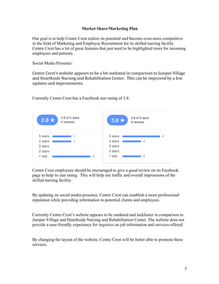 7	
Market Share/Marketing Plan
Our goal is to help Centre Crest realize its potential and become even more competitive
in the field of Marketing and Employee Recruitment for its skilled nursing facility.
Centre Crest has a lot of great features that just need to be highlighted more for incoming
employees and patients.
Social Media Presence:
Centre	Crest’s	website	appears	to	be	a	bit	outdated	in	comparison	to	Juniper	Village	
and	Hearthside	Nursing	and	Rehabilitation	Center.		This	can	be	improved	by	a	few	
updates	and	improvements.	
Currently Centre Crest has a Facebook star rating of 3.8:
Centre Crest employees should be encouraged to give a good review on its Facebook
page to help its star rating. This will help site traffic and overall impressions of the
skilled nursing facility.
By updating its social media presence, Centre Crest can establish a more professional
reputation while providing information to potential clients and employees.
Currently Centre Crest’s website appears to be outdated and lackluster in comparison to
Juniper Village and Hearthside Nursing and Rehabilitation Center. The website does not
provide a user-friendly experience for inquiries on job information and services offered.
By changing the layout of the website, Centre Crest will be better able to promote these
services.
 