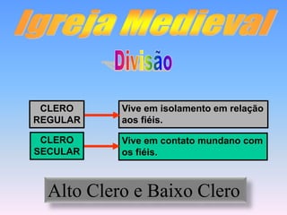 Igreja MedievalDivisãoCLEROREGULARVive em isolamento em relaçãoaos fiéis.CLEROSECULARVive em contato mundano comos fiéis.Alto Clero e Baixo Clero