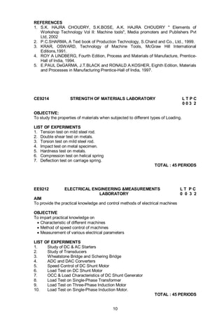 10
REFERENCES
1. S.K. HAJRA CHOUDRY, S.K.BOSE, A.K. HAJRA CHOUDRY " Elements of
Workshop Technology Vol II: Machine tools", Media promoters and Publishers Pvt
Ltd, 2002
2. P.C.SHARMA, A Text book of Production Technology, S.Chand and Co., Ltd., 1999.
3. KRAR, OSWARD, Technology of Machine Tools, McGraw Hill International
Editions,1991.
4. ROY A LINDBERG, Fourth Edition, Process and Materials of Manufacture, Prentice-
Hall of India, 1994.
5. E.PAUL DeGARMA, J.T.BLACK and RONALD A.KOSHER, Eighth Edition, Materials
and Processes in Manufacturing Prentice-Hall of India, 1997.
CE9214 STRENGTH OF MATERIALS LABORATORY L T P C
0 0 3 2
OBJECTIVE:
To study the properties of materials when subjected to different types of Loading.
LIST OF EXPERIMENTS
1. Tension test on mild steel rod.
2. Double shear test on metals.
3. Torsion test on mild steel rod.
4. Impact test on metal specimen.
5. Hardness test on metals.
6. Compression test on helical spring
7. Deflection test on carriage spring.
TOTAL : 45 PERIODS
EE9212 ELECTRICAL ENGINEERING &MEASUREMENTS L T P C
LABORATORY 0 0 3 2
AIM
To provide the practical knowledge and control methods of electrical machines
OBJECTIVE
To impart practical knowledge on
 Characteristic of different machines
 Method of speed control of machines
 Measurement of various electrical parameters
LIST OF EXPERIMENTS
1. Study of DC & AC Starters
2. Study of Transducers
3. Wheatstone Bridge and Schering Bridge
4. ADC and DAC Converters
5. Speed Control of DC Shunt Motor
6. Load Test on DC Shunt Motor
7. OCC & Load Characteristics of DC Shunt Generator
8. Load Test on Single-Phase Transformer
9. Load Test on Three-Phase Induction Motor
10. Load Test on Single-Phase Induction Motor.
TOTAL : 45 PERIODS
 