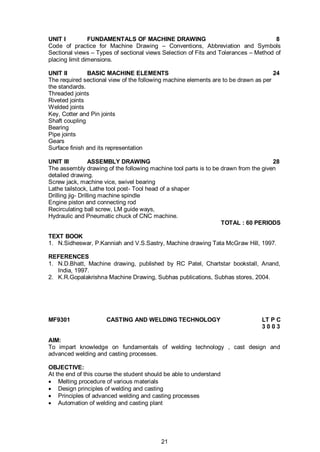 21
UNIT I FUNDAMENTALS OF MACHINE DRAWING 8
Code of practice for Machine Drawing – Conventions, Abbreviation and Symbols
Sectional views – Types of sectional views Selection of Fits and Tolerances – Method of
placing limit dimensions.
UNIT II BASIC MACHINE ELEMENTS 24
The required sectional view of the following machine elements are to be drawn as per
the standards.
Threaded joints
Riveted joints
Welded joints
Key, Cotter and Pin joints
Shaft coupling
Bearing
Pipe joints
Gears
Surface finish and its representation
UNIT III ASSEMBLY DRAWING 28
The assembly drawing of the following machine tool parts is to be drawn from the given
detailed drawing.
Screw jack, machine vice, swivel bearing
Lathe tailstock, Lathe tool post- Tool head of a shaper
Drilling jig- Drilling machine spindle
Engine piston and connecting rod
Recirculating ball screw, LM guide ways,
Hydraulic and Pneumatic chuck of CNC machine.
TOTAL : 60 PERIODS
TEXT BOOK
1. N.Sidheswar, P.Kanniah and V.S.Sastry, Machine drawing Tata McGraw Hill, 1997.
REFERENCES
1. N.D.Bhatt, Machine drawing, published by RC Patel, Chartstar bookstall, Anand,
India, 1997.
2. K.R.Gopalakrishna Machine Drawing, Subhas publications, Subhas stores, 2004.
MF9301 CASTING AND WELDING TECHNOLOGY LT P C
3 0 0 3
AIM:
To impart knowledge on fundamentals of welding technology , cast design and
advanced welding and casting processes.
OBJECTIVE:
At the end of this course the student should be able to understand
 Melting procedure of various materials
 Design principles of welding and casting
 Principles of advanced welding and casting processes
 Automation of welding and casting plant
 