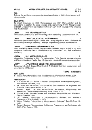 34
ME9352 MICROPROCESSOR AND MICROCONTROLLER L T P C
3 0 0 3
AIM:
To know the architecture, programming aspects application of 8085 microprocessor and
microcontroller.
OBJECTIVE:
To impart knowledge on 8085 Microprocessor and 8051 Microcontroller and its
applications. In addition the basic concepts and programming of 8085 Microprocessor
and 8051 Microcontroller are introduced which are very much required in the emerging
field of automation.
UNIT I 8085 MICROPROCESSOR 10
Introduction-Architecture of 8085-Pin Configuration-Addressing Modes-Instruction set.
UNIT II TIMING DIAGRAM AND PROGRAMMING 8
Instruction cycle-machine cycle-T states and Timing diagram of 8085- Calculation of
instruction cycle timings- Assembly Language Programming using 8085 instructions.
UNIT III PERIPHERALS AND INTERFACING 12
Basic interfacing concepts-8255 Programmable Peripheral Interface- interfacing input
keyboards- interfacing output display-interfacing memory-A/D and D/A Converters
Interfacing.
UNIT IV 8051 MICROCONTROLLER 9
Introduction- Architecture of 8051- Pin configuration- Ports- External Memory- counters
and Timers- Serial and Parallel Data I/O- Interrupts – Assembly language programming
UNIT V APPLICATIONS USING INTEL 8085 AND 8051 6
Temperature Control- Stepper Motor Control- Traffic Light Controller. Measurement and
speed control of DC motor.
TOTAL : 45 PERIODS
TEXT BOOK
1. Krishna Kant, Microprocessors & Microcontrollers”, Prentice Hall of India, 2007.
REFERENCES
1. M.A. Mazidi and J.C. Mazidi, “The 8051 Microcontroller and Embedded systems”,
PHI / Pearson Education, 2006.
2. P.K.Ghosh and P.R.Sridhar, “Introduction to Microprocessors for Engineers and
Scientists”, Prentice Hall of India, 2001
3. Kenneth J.Ayala, “The 8051 Microcontroller, Architecture, Programming and
applications”,Thomson Delmar Learning, Indian Edition, 2007.
4. Douclas V.Hall, “Microprocessors and Interfacing, Programming and Hardware”,
Tata McGraw Hill, 1999.
5. L.A. Levental, Introduction to microprocessors Software and Hardware
Programming”, Prentice Hall Inc, 1978.
6. Aditya, P.Mathur, “Introduction to Microprocessors Software”, Tata McGraw Hill,
1983
7. Ramesh Gaonkar, “Microprocessor Architecture, Programming and Applications with
8085”, Wiley Eastern, 1998.
 
