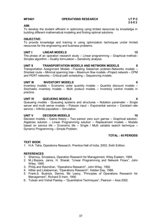 37
MF9401 OPERATIONS RESEARCH LT P C
3 0 0 3
AIM:
To develop the student efficient in optimizing using limited resources by knowledge in
building different mathematical modeling and finding optimal solutions.
OBJECTIVE:
To provide knowledge and training in using optimization techniques under limited
resources for the engineering and business problems.
UNIT I LINEAR MODELS 15
The phase of an operation research study – Linear programming – Graphical method–
Simplex algorithm – Duality formulation – Sensitivity analysis.
UNIT II TRANSPORTATION MODELS AND NETWORK MODELS 8
Transportation Assignment Models –Traveling Salesman problem-Networks models –
Shortest route – Minimal spanning tree – Maximum flow models –Project network – CPM
and PERT networks – Critical path scheduling – Sequencing models.
UNIT III INVENTORY MODELS 6
Inventory models – Economic order quantity models – Quantity discount models –
Stochastic inventory models – Multi product models – Inventory control models in
practice.
UNIT IV QUEUEING MODELS 6
Queueing models - Queueing systems and structures – Notation parameter – Single
server and multi server models – Poisson input – Exponential service – Constant rate
service – Infinite population – Simulation.
UNIT V DECISION MODELS 10
Decision models – Game theory – Two person zero sum games – Graphical solution-
Algebraic solution – Linear Programming solution – Replacement models – Models
based on service life – Economic life – Single / Multi variable search technique –
Dynamic Programming – Simple Problem.
TOTAL : 45 PERIODS
TEXT BOOK
1. H.A. Taha, Operations Research, Prentice Hall of India, 2003, Sixth Edition.
REFERENCES
1. Shennoy, Srivastava, Operation Research for Management, Wiley Eastern, 1994.
2. M.J.Bazara, Jarvis, H. Sherali, “Linear Programming and Network Flows”, John
Wiley, 1990.
3. Philip and Ravindran, “Operations Research”, John Wiley, 1992.
4. Hillier and Libeberman, “Operations Research”, Holden Day, 1986.
5. Frank,S. Budnick, Dennis, Mc Leavy, “Principles of Operations Research for
Management”, Richard D Irwin, 1990.
6. Tulsian and Vishal Pasdey – “Quantitative Techniques”, Pearson – Asia 2002.
 