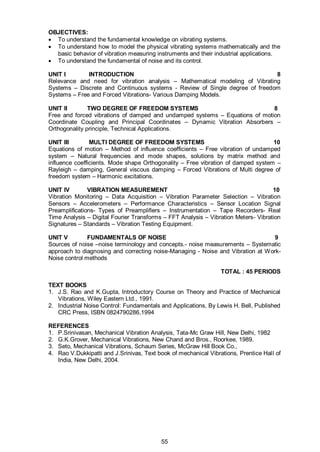 55
OBJECTIVES:
 To understand the fundamental knowledge on vibrating systems.
 To understand how to model the physical vibrating systems mathematically and the
basic behavior of vibration measuring instruments and their industrial applications.
 To understand the fundamental of noise and its control.
UNIT I INTRODUCTION 8
Relevance and need for vibration analysis – Mathematical modeling of Vibrating
Systems – Discrete and Continuous systems - Review of Single degree of freedom
Systems – Free and Forced Vibrations- Various Damping Models.
UNIT II TWO DEGREE OF FREEDOM SYSTEMS 8
Free and forced vibrations of damped and undamped systems – Equations of motion
Coordinate Coupling and Principal Coordinates – Dynamic Vibration Absorbers –
Orthogonality principle, Technical Applications.
UNIT III MULTI DEGREE OF FREEDOM SYSTEMS 10
Equations of motion – Method of influence coefficients – Free vibration of undamped
system – Natural frequencies and mode shapes, solutions by matrix method and
influence coefficients. Mode shape Orthogonality – Free vibration of damped system –
Rayleigh – damping, General viscous damping – Forced Vibrations of Multi degree of
freedom system – Harmonic excitations.
UNIT IV VIBRATION MEASUREMENT 10
Vibration Monitoring – Data Acquisition – Vibration Parameter Selection – Vibration
Sensors – Accelerometers – Performance Characteristics – Sensor Location Signal
Preamplifications- Types of Preamplifiers – Instrumentation – Tape Recorders- Real
Time Analysis – Digital Fourier Transforms – FFT Analysis – Vibration Meters- Vibration
Signatures – Standards – Vibration Testing Equipment.
UNIT V FUNDAMENTALS OF NOISE 9
Sources of noise –noise terminology and concepts.- noise measurements – Systematic
approach to diagnosing and correcting noise-Managing - Noise and Vibration at Work-
Noise control methods
TOTAL : 45 PERIODS
TEXT BOOKS
1. J.S. Rao and K.Gupta, Introductory Course on Theory and Practice of Mechanical
Vibrations, Wiley Eastern Ltd., 1991.
2. Industrial Noise Control: Fundamentals and Applications, By Lewis H. Bell, Published
CRC Press, ISBN 0824790286,1994
REFERENCES
1. P.Srinivasan, Mechanical Vibration Analysis, Tata-Mc Graw Hill, New Delhi, 1982
2. G.K.Grover, Mechanical Vibrations, New Chand and Bros., Roorkee, 1989.
3. Seto, Mechanical Vibrations, Schaum Series, McGraw Hill Book Co.,
4. Rao V.Dukkipatti and J.Srinivas, Text book of mechanical Vibrations, Prentice Hall of
India, New Delhi, 2004.
 