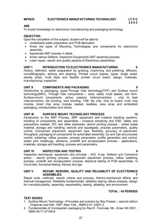 57
MF9035 ELECTRONICS MANUFACTURING TECHNOLOGY LT P C
3 0 0 3
AIM:
To import knowledge on electronics manufacturing and packaging technology.
OBJECTIVE:
Upon the completion of the subject, student will be able to:
 Understand wafer preparation and PCB fabrication
 Know the types of Mounting Technologies and components for electronics
assembly
 Appreciate SMT process in detail.
 Know various Defects, Inspection Equipments SMT assembly process.
 Learn repair, rework and quality aspects of Electronics assemblies.
UNIT I INTRODUCTION TO ELECTRONICS MANUFACTURING 8
History, definition, wafer preparation by growing, machining, and polishing, diffusion,
microlithography, etching and cleaning, Printed circuit boards, types- single sided,
double sided, multi layer and flexible printed circuit board, design, materials,
manufacturing, inspection.
UNIT II COMPONENTS AND PACKAGING 8
Introduction to packaging, types-Through hole technology(THT) and Surface mount
technology(SMT), Through hole components – axial, radial, multi leaded, odd form.
Surface-mount components- active, passive. Interconnections - chip to lead
interconnection, die bonding, wire bonding, TAB, flip chip, chip on board, multi chip
module, direct chip array module, leaded, leadless, area array and embedded
packaging, miniaturization and trends.
UNIT III SURFACE MOUNT TECHNOLOGY PROCESS 12
Introduction to the SMT Process, SMT equipment and material handling systems,
handling of components and assemblies - moisture sensitivity and ESD, safety and
precautions needed, IPC and other standards, stencil printing process - solder paste
material, storage and handling, stencils and squeegees, process parameters, quality
control. Component placement- equipment type, flexibility, accuracy of placement,
throughput, packaging of components for automated assembly, Cp and Cpk and process
control. soldering- reflow process, process parameters, profile generation and control,
solder joint metallurgy, adhesive, underfill and encapsulation process - applications,
materials, storage and handling, process and parameters.
UNIT IV INSPECTION AND TESTING 9
Inspection techniques, equipment and principle - AOI, X-ray. Defects and Corrective
action - stencil printing process, component placement process, reflow soldering
process, underfill and encapsulation process, electrical testing of PCB assemblies- In
circuit test, functional testing, fixtures and jigs.
UNIT V REPAIR, REWORK, QUALITY AND RELIABILITY OF ELECTRONICS
ASSEMBLIES 7
Repair tools, methods, rework criteria and process, thermo-mechanical effects and
thermal management, Reliability fundamentals, reliability testing, failure analysis, design
for manufacturability, assembly, reworkability, testing, reliability, and environment.
TOTAL : 45 PERIODS
TEXT BOOKS
1. Surface Mount Technology –Principles and practice by Ray Prasad – second edition
, Chapman and Hall ,1997 ,New York , ISBN 0-41-12921-3
2. Fundamentals of microsystem packaging by Rao.R .Tummala, Mc -Graw Hill 2001 ,
ISBN 00-71-37169-9
 