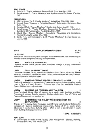 59
TEXT BOOKS
1. Sinha A. K., “Powder Metallurgy”, Dhanpat Rai & Sons. New Delhi, 1982.
2. Ramakrishnan, P.,“ Powder Metallurgy”,New Age International Publishers, 1st
edition,
2007
REFERENCES
1. ASM Handbook. Vol. 7, “Powder Metallurgy”, Metals Park, Ohio, USA, 1990.
2. Animesh Bose., “Advances in Particulate Materials”, Butterworth - Heinemann. New
Delhi, 1995.
3. Kempton. H Roll., “Powder Metallurgy”, Metallurgical Society of AMlE, 1988.
4. Ramakrishnan. P., “Powder Metallurgy Opportunities for Engineering Industries”,
Oxford and IBH Publishing Co., Pvt. Ltd, New Delhi, 1987.
5. Erhard Klar., “Powder Metallurgy Applications, Advantages and Limitations”,
American Society for Metals, Ohio, 1983.
6. Sands. R. L. and Shakespeare. C. R. “Powder Metallurgy”, George Newes Ltd.
London, 1966
IE9035 SUPPLY CHAIN MANAGEMENT LT P C
3 0 0 3
OBJECTIVE:
To cover the basics of supply chain concepts, associated networks, tools and techniques
required for evaluating various supply chain processes .
UNIT I STRATEGIC FRAMEWORK 5
Objective, decision phases, process views, examples, strategic fit, supply chain drivers
and metrics
UNIT II SUPPLY CHAIN NETWORKS 10
Distribution networks, Facility networks and design options, Factors influencing, Models
for facility location and capacity allocation, Transportation networks and design options,
Evaluating network design decisions
UNIT III MANAGING DEMAND AND SUPPLY IN A SUPPLY CHAIN 10
Predictable variability in a supply chain, Economies of scale and uncertainty in a supply
chain – Cycle and safety Inventory, Optimum level of product availability, Forward
Buying, Multi-echelon cycle inventory
UNIT IV SOURCING AND PRICING IN A SUPPLY CHAIN 10
Cross-Functional drivers, Role of sourcing in a supply chain, Logistics providers,
Procurement process, Supplier selection, Design collaboration, Role of Pricing and
Revenue Management in a supply chain
UNIT V INFORMATION TECHNOLOGY AND COORDINATION IN A
SUPPLY CHAIN 10
The role of IT in supply chain, The supply chain IT frame work, Customer Relationship
Management, Supplier relationship management, Future of IT in supply chain,
EBusiness in supply chain, Bullwhip effect – Effect of lack of co-ordination in supply
chain, Building strategic partnerships, CPFR
TOTAL : 45 PERIODS
TEXT BOOK
1. Sunil Chopra and Peter meindl, “Supply Chain Management , Strategy, Planning,
and operation”, PHI, Third edition,2007
 