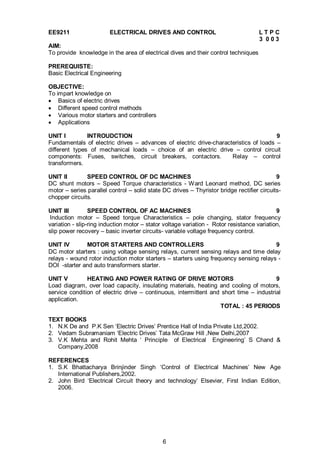 6
EE9211 ELECTRICAL DRIVES AND CONTROL L T P C
3 0 0 3
AIM:
To provide knowledge in the area of electrical dives and their control techniques
PREREQUISTE:
Basic Electrical Engineering
OBJECTIVE:
To impart knowledge on
 Basics of electric drives
 Different speed control methods
 Various motor starters and controllers
 Applications
UNIT I INTROUDCTION 9
Fundamentals of electric drives – advances of electric drive-characteristics of loads –
different types of mechanical loads – choice of an electric drive – control circuit
components: Fuses, switches, circuit breakers, contactors. Relay – control
transformers.
UNIT II SPEED CONTROL OF DC MACHINES 9
DC shunt motors – Speed Torque characteristics - Ward Leonard method, DC series
motor – series parallel control – solid state DC drives – Thyristor bridge rectifier circuits-
chopper circuits.
UNIT III SPEED CONTROL OF AC MACHINES 9
Induction motor – Speed torque Characteristics – pole changing, stator frequency
variation - slip-ring induction motor – stator voltage variation - Rotor resistance variation,
slip power recovery – basic inverter circuits- variable voltage frequency control.
UNIT IV MOTOR STARTERS AND CONTROLLERS 9
DC motor starters : using voltage sensing relays, current sensing relays and time delay
relays - wound rotor induction motor starters – starters using frequency sensing relays -
DOI -starter and auto transformers starter.
UNIT V HEATING AND POWER RATING OF DRIVE MOTORS 9
Load diagram, over load capacity, insulating materials, heating and cooling of motors,
service condition of electric drive – continuous, intermittent and short time – industrial
application.
TOTAL : 45 PERIODS
TEXT BOOKS
1. N.K De and P.K Sen ‘Electric Drives’ Prentice Hall of India Private Ltd,2002.
2. Vedam Subramaniam ‘Electric Drives’ Tata McGraw Hill ,New Delhi,2007
3. V.K Mehta and Rohit Mehta ‘ Principle of Electrical Engineering’ S Chand &
Company,2008
REFERENCES
1. S.K Bhattacharya Brinjinder Singh ‘Control of Electrical Machines’ New Age
International Publishers,2002.
2. John Bird ‘Electrical Circuit theory and technology’ Elsevier, First Indian Edition,
2006.
 
