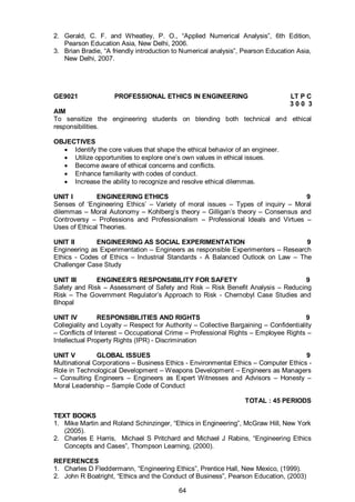 64
2. Gerald, C. F. and Wheatley, P. O., “Applied Numerical Analysis”, 6th Edition,
Pearson Education Asia, New Delhi, 2006.
3. Brian Bradie, “A friendly introduction to Numerical analysis”, Pearson Education Asia,
New Delhi, 2007.
GE9021 PROFESSIONAL ETHICS IN ENGINEERING LT P C
3 0 0 3
AIM
To sensitize the engineering students on blending both technical and ethical
responsibilities.
OBJECTIVES
 Identify the core values that shape the ethical behavior of an engineer.
 Utilize opportunities to explore one’s own values in ethical issues.
 Become aware of ethical concerns and conflicts.
 Enhance familiarity with codes of conduct.
 Increase the ability to recognize and resolve ethical dilemmas.
UNIT I ENGINEERING ETHICS 9
Senses of ‘Engineering Ethics’ – Variety of moral issues – Types of inquiry – Moral
dilemmas – Moral Autonomy – Kohlberg’s theory – Gilligan’s theory – Consensus and
Controversy – Professions and Professionalism – Professional Ideals and Virtues –
Uses of Ethical Theories.
UNIT II ENGINEERING AS SOCIAL EXPERIMENTATION 9
Engineering as Experimentation – Engineers as responsible Experimenters – Research
Ethics - Codes of Ethics – Industrial Standards - A Balanced Outlook on Law – The
Challenger Case Study
UNIT III ENGINEER’S RESPONSIBILITY FOR SAFETY 9
Safety and Risk – Assessment of Safety and Risk – Risk Benefit Analysis – Reducing
Risk – The Government Regulator’s Approach to Risk - Chernobyl Case Studies and
Bhopal
UNIT IV RESPONSIBILITIES AND RIGHTS 9
Collegiality and Loyalty – Respect for Authority – Collective Bargaining – Confidentiality
– Conflicts of Interest – Occupational Crime – Professional Rights – Employee Rights –
Intellectual Property Rights (IPR) - Discrimination
UNIT V GLOBAL ISSUES 9
Multinational Corporations – Business Ethics - Environmental Ethics – Computer Ethics -
Role in Technological Development – Weapons Development – Engineers as Managers
– Consulting Engineers – Engineers as Expert Witnesses and Advisors – Honesty –
Moral Leadership – Sample Code of Conduct
TOTAL : 45 PERIODS
TEXT BOOKS
1. Mike Martin and Roland Schinzinger, “Ethics in Engineering”, McGraw Hill, New York
(2005).
2. Charles E Harris, Michael S Pritchard and Michael J Rabins, “Engineering Ethics
Concepts and Cases”, Thompson Learning, (2000).
REFERENCES
1. Charles D Fleddermann, “Engineering Ethics”, Prentice Hall, New Mexico, (1999).
2. John R Boatright, “Ethics and the Conduct of Business”, Pearson Education, (2003)
 