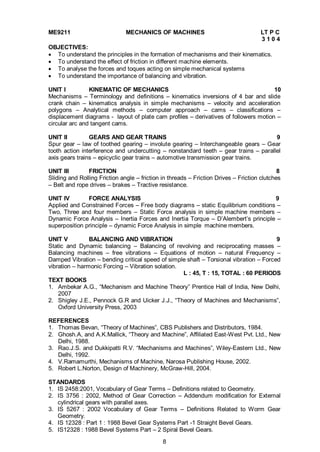 8
ME9211 MECHANICS OF MACHINES LT P C
3 1 0 4
OBJECTIVES:
 To understand the principles in the formation of mechanisms and their kinematics.
 To understand the effect of friction in different machine elements.
 To analyse the forces and toques acting on simple mechanical systems
 To understand the importance of balancing and vibration.
UNIT I KINEMATIC OF MECHANICS 10
Mechanisms – Terminology and definitions – kinematics inversions of 4 bar and slide
crank chain – kinematics analysis in simple mechanisms – velocity and acceleration
polygons – Analytical methods – computer approach – cams – classifications –
displacement diagrams - layout of plate cam profiles – derivatives of followers motion –
circular arc and tangent cams.
UNIT II GEARS AND GEAR TRAINS 9
Spur gear – law of toothed gearing – involute gearing – Interchangeable gears – Gear
tooth action interference and undercutting – nonstandard teeth – gear trains – parallel
axis gears trains – epicyclic gear trains – automotive transmission gear trains.
UNIT III FRICTION 8
Sliding and Rolling Friction angle – friction in threads – Friction Drives – Friction clutches
– Belt and rope drives – brakes – Tractive resistance.
UNIT IV FORCE ANALYSIS 9
Applied and Constrained Forces – Free body diagrams – static Equilibrium conditions –
Two, Three and four members – Static Force analysis in simple machine members –
Dynamic Force Analysis – Inertia Forces and Inertia Torque – D’Alembert’s principle –
superposition principle – dynamic Force Analysis in simple machine members.
UNIT V BALANCING AND VIBRATION 9
Static and Dynamic balancing – Balancing of revolving and reciprocating masses –
Balancing machines – free vibrations – Equations of motion – natural Frequency –
Damped Vibration – bending critical speed of simple shaft – Torsional vibration – Forced
vibration – harmonic Forcing – Vibration solation.
L : 45, T : 15, TOTAL : 60 PERIODS
TEXT BOOKS
1. Ambekar A.G., “Mechanism and Machine Theory” Prentice Hall of India, New Delhi,
2007
2. Shigley J.E., Pennock G.R and Uicker J.J., “Theory of Machines and Mechanisms”,
Oxford University Press, 2003
REFERENCES
1. Thomas Bevan, “Theory of Machines”, CBS Publishers and Distributors, 1984.
2. Ghosh.A, and A.K.Mallick, “Theory and Machine”, Affiliated East-West Pvt. Ltd., New
Delhi, 1988.
3. Rao.J.S. and Dukkipatti R.V. “Mechanisms and Machines”, Wiley-Eastern Ltd., New
Delhi, 1992.
4. V.Ramamurthi, Mechanisms of Machine, Narosa Publishing House, 2002.
5. Robert L.Norton, Design of Machinery, McGraw-Hill, 2004.
STANDARDS
1. IS 2458:2001, Vocabulary of Gear Terms – Definitions related to Geometry.
2. IS 3756 : 2002, Method of Gear Correction – Addendum modification for External
cylindrical gears with parallel axes.
3. IS 5267 : 2002 Vocabulary of Gear Terms – Definitions Related to Worm Gear
Geometry.
4. IS 12328 : Part 1 : 1988 Bevel Gear Systems Part -1 Straight Bevel Gears.
5. IS12328 : 1988 Bevel Systems Part – 2 Spiral Bevel Gears.
 