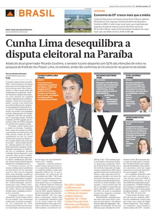 Segunda-feira, 25 de novembro, 2013 Brasil Econômico 3

▲

BRASIL

Divulgação

ATIVIDADE

Economia do DF cresce mais que a média
O Distrito Federal teve um Produto Interno Bruto (PIB) per capita de
R$ 63.020 em 2011, segundo o Instituto Brasileiro de Geografia e
Estatística (IBGE). O valor é duas vezes maior que o registrado pelo
segundo colocado do ranking nacional, São Paulo, que foi de
R$ 32.449. O PIB per capita do Distrito Federal é também três vezes
maior que o da média nacional, de R$ 21.585. ABr

Editor: Paulo Henrique de Noronha
paulo.noronha@brasileconomico.com.br

Cunha Lima desequilibra a
disputa eleitoral na Paraíba
Aliado do atual governador Ricardo Coutinho, o senador tucano desponta com 52% das intenções de votos na
pesquisa do Instituto Vox Populi. Lima, no entanto, ainda não confirmou se irá concorrer ao governo do estado
Patrycia Monteiro Rizzotto

Governador

Senador

Com sobrenome
tradicional na política
paraibana, o líder nas
pesquisas já foi
prefeito de Campina
Grande e governador.
Aos 21 anos, participou
da elaboração da
Constituinte de 1988.

Emergiu como liderança
política dos movimentos
sociais e foi prefeito de
João Pessoa . O seu
ponto negativo está na
dificuldade de
conciliação
com
membros da
Assembleia
Legislativa.

Seu berço político é
Campina Grande. Ele
aparece com 10% das
intenções de voto nas
pesquisas, mas não deve
se candidatar. Assim,
abrirá
espaço
para o
seu irmão
Veneziano
Vital.

der de fogo com sua transferência de votos”, lembra.
Segundo o cientista político,
Cássio Cunha Lima tem a seu favor a experiência administrativa
e a trajetória política, tendo sido
deputado federal aos 21 anos e
participado da elaboração da
Constituinte de 1988. “Ele é bom
de oratória, tem discursos memoráveis e é muito carismático. Seu
único ponto fraco é a condenação
pelo Tribunal Superior Eleitoral
(TSE), após denúncias de compra
de voto durante a campanha eleitoral de 2006, quando disputou o
governo de estado contra José Maranhão (PMDB)”, diz. Por causa
dessa condenação, Cunha Lima
foi considerado inelegível pela
Lei da Ficha Limpa em 2010,
quando disputou uma vaga no Senado e saiu como o mais bem votado do pleito, com mais de 1 mi-

Ricardo Coutinho
confirmou sua
candidatura à reeleição
e o desejo de manter
antigas alianças.
Segundo ele, Cássio
Cunha Lima não tem
interesse em disputar
cargo público em 2014

lhão de votos. “Ele assumiu o posto no Senado com um ano de atraso, depois que o Supremo Tribunal Federal (STF) decidiu que a
Lei da Ficha Limpa não retroagiria para as eleições de 2010. Mas a
questão ainda está tramitando na
Justiça, o que causa uma certa insegurança jurídica em torno do
seu nome. Para não arriscar os outros quatro anos que ainda tem pela frente no atual mandato como
senador, é bem possível que ele
não se candidate e mantenha seu
apoio a Ricardo Coutinho. Assim,
em 2018, ele pode se candidatar
ao governo, enquanto Coutinho
disputa o Senado”, analisa.
Para Machado, o atual governador tem como ponto forte a imagem de bom gestor e de político
desvinculado das oligarquias. “Bioquímico de formação, ele foi uma
liderança que emergiu dos movi-

VENEZIANO VITAL
(PMDB)
Ex-prefeito de Campina
Grande

Conquistou imagem
positiva em seu primeiro
mandato na prefeitura,
mas não manteve a boa
avaliação no segundo.
O partido já
confirmou
sua
candidatura.
Divulgação

X

Geraldo Magela/Ag. Senado

VITAL DO RÊGO
(PMDB)

Wilson Dias/ABr

RICARDO COUTINHO
(PSB)

Waldemir Barreto/Ag. Senado

O senador Cássio Cunha Lima (PSDB) é o fiel da balança na eleição
para o governo do estado da Paraíba no ano que vem. Mas, ironicamente, é o único nome ainda não
confirmado no cenário pré-eleitoral. Depois de cumprir três mandatos como prefeito de Campina
Grande, segunda maior cidade paraibana, e mais dois como governador, o tucano é um nome forte
no cenário político local, e desponta nas pesquisas de intenção de voto com 52% da preferência do eleitorado, de acordo com sondagem
recente realizada pelo Vox Populi.
O segundo colocado nas pesquisas é o atual governador, Ricardo
Coutinho, do PSB, seguido por Veneziano Vital, do PMDB, também
ex-prefeito de Campina Grande.
“Contudo, Cássio Cunha Lima
é aliado de Ricardo Coutinho.
Sem o apoio do senador do PSDB,
o governador possivelmente não
teria vencido o pleito de 2010. A
candidatura ou não de Cássio
Cunha Lima ao governo define todo o cenário eleitoral de 2014 aqui
no estado”, afirma Fábio Machado, cientista político da Universidade Federal de Campina Grande.
Segundo o professor, se Cunha Lima não se candidatar, Ricardo
Coutinho deverá despontar como
o favorito. Mas, se ele se candidatar, é possível que abra espaço para outras candidaturas alternativas. Entre as mais viáveis está a do
Partido dos Trabalhadores (PT).
“O Luciano Cartaxo, do PT,
venceu a eleição para a prefeitura
de João Pessoa no ano passado,
com 63% dos votos no segundo
turno. Esse resultado, somado ao
atual prestígio de Dilma Rousseff,
traria competitividade à candidatura própria do partido na Paraíba”, reflete Machado, mencionando que Lula e Dilma venceram todos os pleitos presidenciais
no estado, menos em Campina
Grande onde o candidato José Serra foi o vencedor.
“Campina Grande é o berço
eleitoral de Cássio Cunha Lima e
de sua família com sobrenome
tradicional na política paraibana. Na campanha de 2010,
Cunha Lima trouxe José Serra para o município e mostrou seu po-

CÁSSIO CUNHA LIMA
(PSDB)
Senador

pmonteiro@brasileconomico.com.br
São Paulo

mentos sociais. Mas seu ponto fraco seria seu estilo pouco conciliador. Ele bate de frente com os deputados da Assembleia e não aceita fazer concessões, como dar cargos
no governo em troca de apoio político, por exemplo”, afirma.
Já o candidato Veneziano Vital
tem a seu favor o fato de ser jovem, de fazer parte do PMDB, o
maior partido do estado, e de ter
um sobrenome tradicional na política paraibana. O PMDB confirma
que vai lançar a candidatura de Veneziano Vital e que já busca apoio
de alguns partidos — como PT, PP,
PSC, PR, PEN, PT do B e PTC.
O governador Ricardo Coutinho, por sua vez, também confirma sua candidatura e deixa claro
que conta com o apoio do aliado
Cássio Cunha Lima. “Sou candidato à reeleição e quero manter a
mesma aliança de 2010”, ressalta.

 