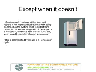 Except when it doesn’t
• Spontaneously, heat cannot flow from cold
regions to hot regions without external work being
performed on the system, which is evident from
ordinary experience of refrigeration, for example. In
a refrigerator, heat flows from cold to hot, but only
when forced by an external agent, a compressor.
•This is accomplished by the use of a Refrigeration
cycle

 