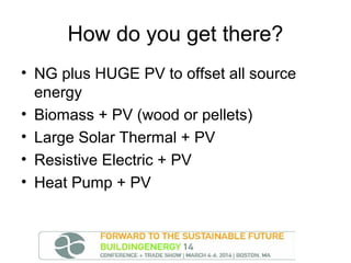 How do you get there?
• NG plus HUGE PV to offset all source
energy
• Biomass + PV (wood or pellets)
• Large Solar Thermal + PV
• Resistive Electric + PV
• Heat Pump + PV

 