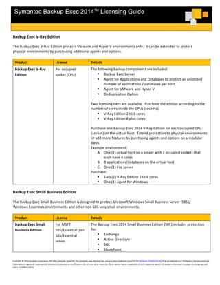 
	
  
	
  
	
  
Symantec Backup Exec 2014TM
Licensing Guide
	
  
	
  
Copyright	
  ©	
  2014	
  Symantec	
  Corporation.	
  All	
  rights	
  reserved.	
  Symantec,	
  the	
  Symantec	
  Logo,	
  Backup	
  Exec	
  and	
  any	
  other	
  trademark	
  found	
  on	
  the	
  Symantec	
  Trademarks	
  List	
  that	
  are	
  referred	
  to	
  or	
  displayed	
  in	
  the	
  document	
  are	
  
trademarks	
  or	
  registered	
  trademarks	
  of	
  Symantec	
  Corporation	
  or	
  its	
  affiliates	
  in	
  the	
  U.S.	
  and	
  other	
  countries.	
  Other	
  names	
  may	
  be	
  trademarks	
  of	
  their	
  respective	
  owners.	
  All	
  product	
  information	
  is	
  subject	
  to	
  change	
  without	
  
notice.	
  21329872	
  06/14	
  
	
  
Backup	
  Exec	
  V-­‐Ray	
  Edition	
  
	
  
The	
  Backup	
  Exec	
  V-­‐Ray	
  Edition	
  protects	
  VMware	
  and	
  Hyper-­‐V	
  environments	
  only.	
  	
  It	
  can	
  be	
  extended	
  to	
  protect	
  
physical	
  environments	
  by	
  purchasing	
  additional	
  agents	
  and	
  options.	
  	
  
	
  
Product	
   License	
   Details	
  
Backup	
  Exec	
  V-­‐Ray	
  
Edition	
  
Per	
  occupied	
  
socket	
  (CPU)	
  
The	
  following	
  backup	
  components	
  are	
  included:	
  
• Backup	
  Exec	
  Server	
  
• Agent	
  for	
  Applications	
  and	
  Databases	
  to	
  protect	
  an	
  unlimited	
  
number	
  of	
  applications	
  /	
  databases	
  per	
  host.	
  	
  
• Agent	
  for	
  VMware	
  and	
  Hyper-­‐V	
  
• Deduplication	
  Option	
  
	
  
Two	
  licensing	
  tiers	
  are	
  available.	
  	
  Purchase	
  the	
  edition	
  according	
  to	
  the	
  
number	
  of	
  cores	
  inside	
  the	
  CPUs	
  (sockets).	
  
• V-­‐Ray	
  Edition	
  2	
  to	
  6	
  cores	
  
• V-­‐Ray	
  Edition	
  8	
  plus	
  cores	
  
	
  
Purchase	
  one	
  Backup	
  Exec	
  2014	
  V-­‐Ray	
  Edition	
  for	
  each	
  occupied	
  CPU	
  
(socket)	
  on	
  the	
  virtual	
  host.	
  	
  Extend	
  protection	
  to	
  physical	
  environments	
  
or	
  add	
  more	
  features	
  by	
  purchasing	
  agents	
  and	
  options	
  on	
  a	
  modular	
  
basis.	
  
Example	
  environment:	
  
A. One	
  (1)	
  virtual	
  host	
  on	
  a	
  server	
  with	
  2	
  occupied	
  sockets	
  that	
  
each	
  have	
  4	
  cores	
  
B. 8	
  applications/databases	
  on	
  the	
  virtual	
  host	
  
C. One	
  (1)	
  File	
  server	
  
Purchase:	
  
• Two	
  (2)	
  V-­‐Ray	
  Edition	
  2	
  to	
  6	
  cores	
  
• One	
  (1)	
  Agent	
  for	
  Windows	
  
	
  
Backup	
  Exec	
  Small	
  Business	
  Edition	
  
	
  
The	
  Backup	
  Exec	
  Small	
  Business	
  Edition	
  is	
  designed	
  to	
  protect	
  Microsoft	
  Windows	
  Small	
  Business	
  Server	
  (SBS)/	
  
Windows	
  Essentials	
  environments	
  and	
  other	
  non-­‐SBS	
  very	
  small	
  environments.	
  
	
  
Product	
   License	
   Details	
  
Backup	
  Exec	
  Small	
  
Business	
  Edition	
  
For	
  MSFT	
  
SBS/Essential:	
  per	
  
SBS/Essential	
  
server	
  
	
  
The	
  Backup	
  Exec	
  2014	
  Small	
  Business	
  Edition	
  (SBE)	
  includes	
  protection	
  
for:	
  
• Exchange	
  
• Active	
  Directory	
  
• SQL	
  
• SharePoint	
  
 