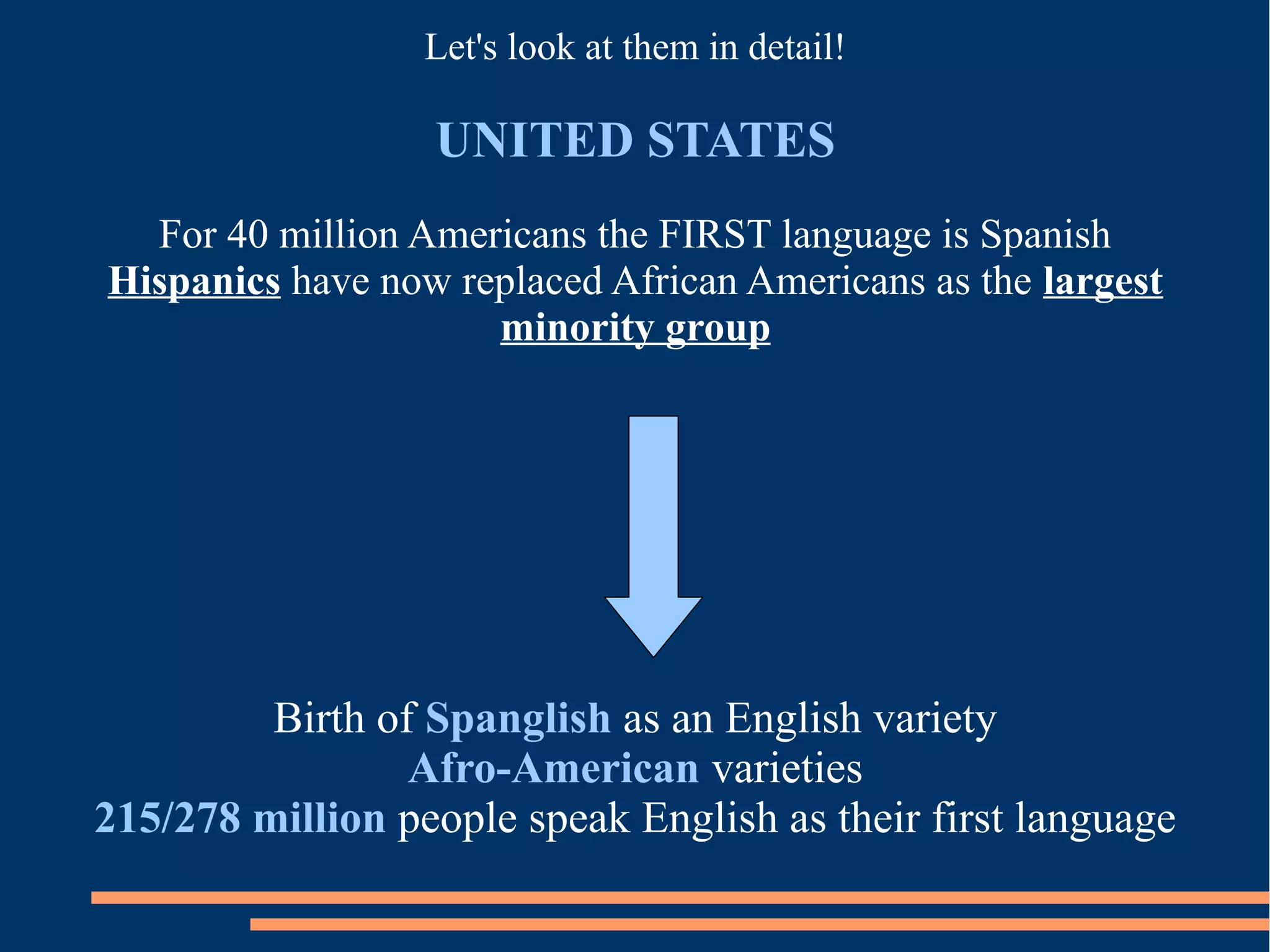 Let's look at them in detail!
UNITED STATES
For 40 million Americans the FIRST language is Spanish
Hispanics have now replaced African Americans as the largest
minority group
Birth of Spanglish as an English variety
Afro-American varieties
215/278 million people speak English as their first language
 