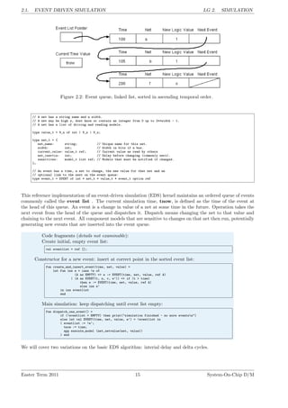 2.1. EVENT DRIVEN SIMULATION LG 2. SIMULATION
Figure 2.2: Event queue, linked list, sorted in ascending temporal order.
// A net has a string name and a width.
// A net may be high z, dont know or contain an integer from 0 up to 2**width - 1.
// A net has a list of driving and reading models.
type value_t = V_n of int | V_z | V_x;
type net_t = {
net_name: string; // Unique name for this net.
width: int; // Width in bits if a bus.
current_value: value_t ref; // Current value as read by others
net_inertia: int; // Delay before changing (commonly zero).
sensitives: model_t list ref; // Models that must be notified if changed.
};
// An event has a time, a net to change, the new value for that net and an
// optional link to the next on the event queue:
type event_t = EVENT of int * net_t * value_t * event_t option ref
This reference implementation of an event-driven simulation (EDS) kernel maintains an ordered queue of events
commonly called the event list . The current simulation time, tnow, is defined as the time of the event at
the head of this queue. An event is a change in value of a net at some time in the future. Operation takes the
next event from the head of the queue and dispatches it. Dispatch means changing the net to that value and
chaining to the next event. All component models that are sensitive to changes on that net then run, potentially
generating new events that are inserted into the event queue.
Code fragments (details not examinable):
Create initial, empty event list:
val eventlist = ref [];
Constructor for a new event: insert at correct point in the sorted event list:
fun create_and_insert_event(time, net, value) =
let fun ins e = case !e of
(A as EMPTY) => e := EVENT(time, net, value, ref A)
| (A as EVENT(t, n, v, e’)) => if (t > time)
then e := EVENT(time, net, value, ref A)
else ins e’
in ins eventlist
end
Main simulation: keep dispatching until event list empty:
fun dispatch_one_event() =
if (!eventlist = EMPTY) then print("simulation finished - no more eventsn")
else let val EVENT(time, net, value, e’) = !eventlist in
( eventlist := !e’;
tnow := time;
app execute_model (net_setvalue(net, value))
) end
We will cover two variations on the basic EDS algorithm: interial delay and delta cycles.
Easter Term 2011 15 System-On-Chip D/M
 