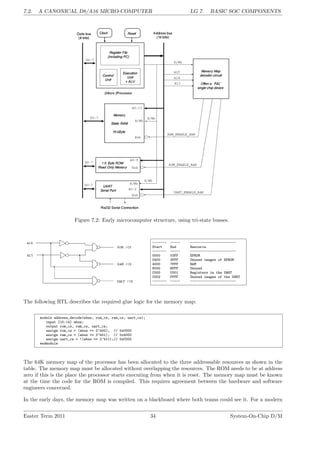 7.2. A CANONICAL D8/A16 MICRO-COMPUTER LG 7. BASIC SOC COMPONENTS
Figure 7.2: Early microcomputer structure, using tri-state busses.
------- ----- -----------------------
Start End Resource
------- ----- -----------------------
0000 03FF EPROM
0400 3FFF Unused images of EPROM
4000 7FFF RAM
8000 BFFF Unused
C000 C001 Registers in the UART
C002 FFFF Unused images of the UART
------- ----- -----------------------
The following RTL describes the required glue logic for the memory map:
module address_decode(abus, rom_cs, ram_cs, uart_cs);
input [15:14] abus;
output rom_cs, ram_cs, uart_cs;
assign rom_cs = (abus == 2’b00); // 0x0000
assign ram_cs = (abus == 2’b01); // 0x4000
assign uart_cs = !(abus == 2’b11);// 0xC000
endmodule
The 64K memory map of the processor has been allocated to the three addressable resources as shown in the
table. The memory map must be allocated without overlapping the resources. The ROM needs to be at address
zero if this is the place the processor starts executing from when it is reset. The memory map must be known
at the time the code for the ROM is compiled. This requires agreement between the hardware and software
engineers concerned.
In the early days, the memory map was written on a blackboard where both teams could see it. For a modern
Easter Term 2011 34 System-On-Chip D/M
 