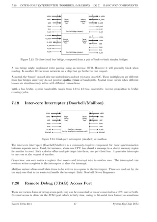7.19. INTER-CORE INTERRUPTER (DOORBELL/MAILBOX) LG 7. BASIC SOC COMPONENTS
Figure 7.13: Bi-directional bus bridge, composed from a pair of back-to-back simplex bridges.
A bus bridge might implement write posting using an internal FIFO. However it will generally block when
reading. In another LG we cover networks on a chip that go further in that respect.
As noted, the ‘busses’ on each side use multiplexors and not tri-states on a SoC. These multiplexors are different
from bus bridges since they do not provide spatial reuse of bandwidth. Spatial reuse occurs when different
busses are simultaneously active with different transactions.
With a bus bridge, system bandwidth ranges from 1.0 to 2.0 bus bandwidth: inverse proportion to bridge
crossing cycles.
7.19 Inter-core Interrupter (Doorbell/Mailbox)
Figure 7.14: Dual-port interrupter (doorbell) or mailbox.
The inter-core interrupter (Doorbell/Mailbox) is a commonly-required component for basic synchronisation
between separate cores. Used, for instance, where one CPU has placed a message in a shared memory region
for another to read. Such a device offers multiple target interfaces, one per client bus. It generates interrupts
to one core at the request of another.
Operations: one core writes a register that asserts and interrupt wire to another core. The interrupted core
reads or writes a register in the interrupter to clear the interrupt.
Mailbox variant allows small data items to be written to a queue in the interrupter. These are read out by the
(or any) core that is (or wants to) handle the interrupt. Link: Doorbell Driver Fragments.
7.20 Remote Debug (JTAG) Access Port
There are various forms of debug access port, they can be connected to bus or connected to a CPU core or both.
External access is often via the JTAG port which is fairly slow, owing to bit-serial data format, so sometimes
Easter Term 2011 47 System-On-Chip D/M
 