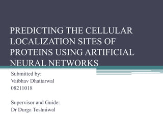 PREDICTING THE CELLULAR
LOCALIZATION SITES OF
PROTEINS USING ARTIFICIAL
NEURAL NETWORKS
Submitted by:
Vaibhav Dhattarwal
08211018
Supervisor and Guide:
Dr Durga Toshniwal
 