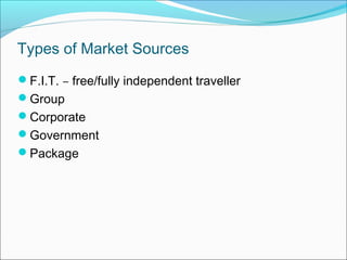 Types of Market Sources
F.I.T. – free/fully independent traveller
Group
Corporate
Government
Package
 