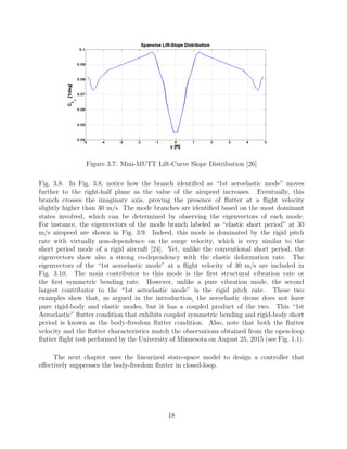 Figure 3.7: Mini-MUTT Lift-Curve Slope Distribution [26]
Fig. 3.8. In Fig. 3.8, notice how the branch identiﬁed as “1st aeroelastic mode” moves
further to the right-half plane as the value of the airspeed increases. Eventually, this
branch crosses the imaginary axis, proving the presence of ﬂutter at a ﬂight velocity
slightly higher than 30 m/s. The mode branches are identiﬁed based on the most dominant
states involved, which can be determined by observing the eigenvectors of each mode.
For instance, the eigenvectors of the mode branch labeled as “elastic short period” at 30
m/s airspeed are shown in Fig. 3.9. Indeed, this mode is dominated by the rigid pitch
rate with virtually non-dependence on the surge velocity, which is very similar to the
short period mode of a rigid aircraft [24]. Yet, unlike the conventional short period, the
eigenvectors show also a strong co-dependency with the elastic deformation rate. The
eigenvectors of the “1st aeroelastic mode” at a ﬂight velocity of 30 m/s are included in
Fig. 3.10. The main contributor to this mode is the ﬁrst structural vibration rate or
the ﬁrst symmetric bending rate. However, unlike a pure vibration mode, the second
largest contributor to the “1st aeroelastic mode” is the rigid pitch rate. These two
examples show that, as argued in the introduction, the aeroelastic drone does not have
pure rigid-body and elastic modes, but it has a coupled product of the two. This “1st
Aeroelastic” ﬂutter condition that exhibits coupled symmetric bending and rigid-body short
period is known as the body-freedom ﬂutter condition. Also, note that both the ﬂutter
velocity and the ﬂutter characteristics match the observations obtained from the open-loop
ﬂutter ﬂight test performed by the University of Minnesota on August 25, 2015 (see Fig. 1.1).
The next chapter uses the linearized state-space model to design a controller that
eﬀectively suppresses the body-freedom ﬂutter in closed-loop.
18
 