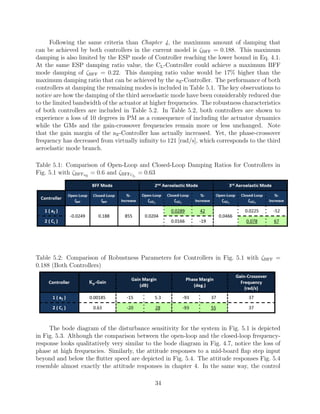 Following the same criteria than Chapter 4, the maximum amount of damping that
can be achieved by both controllers in the current model is ζBFF = 0.188. This maximum
damping is also limited by the ESP mode of Controller reaching the lower bound in Eq. 4.1.
At the same ESP damping ratio value, the CL-Controller could achieve a maximum BFF
mode damping of ζBFF = 0.22. This damping ratio value would be 17% higher than the
maximum damping ratio that can be achieved by the aZ-Controller. The performance of both
controllers at damping the remaining modes is included in Table 5.1. The key observations to
notice are how the damping of the third aeroelastic mode have been considerably reduced due
to the limited bandwidth of the actuator at higher frequencies. The robustness characteristics
of both controllers are included in Table 5.2. In Table 5.2, both controllers are shown to
experience a loss of 10 degrees in PM as a consequence of including the actuator dynamics
while the GMs and the gain-crossover frequencies remain more or less unchanged. Note
that the gain margin of the aZ-Controller has actually increased. Yet, the phase-crossover
frequency has decreased from virtually inﬁnity to 121 [rad/s], which corresponds to the third
aeroelastic mode branch.
Table 5.1: Comparison of Open-Loop and Closed-Loop Damping Ratios for Controllers in
Fig. 5.1 with ζBFFaZ
= 0.6 and ζBFFCL
= 0.63
Table 5.2: Comparison of Robustness Parameters for Controllers in Fig. 5.1 with ζBFF =
0.188 (Both Controllers)
The bode diagram of the disturbance sensitivity for the system in Fig. 5.1 is depicted
in Fig. 5.3. Although the comparison between the open-loop and the closed-loop frequency-
response looks qualitatively very similar to the bode diagram in Fig. 4.7, notice the loss of
phase at high frequencies. Similarly, the attitude responses to a mid-board ﬂap step input
beyond and below the ﬂutter speed are depicted in Fig. 5.4. The attitude responses Fig. 5.4
resemble almost exactly the attitude responses in chapter 4. In the same way, the control
34
 