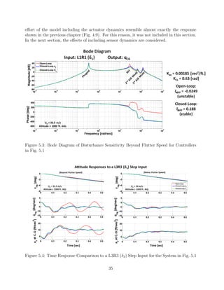 eﬀort of the model including the actuator dynamics resemble almost exactly the response
shown in the previous chapter (Fig. 4.9). For this reason, it was not included in this section.
In the next section, the eﬀects of including sensor dynamics are considered.
Figure 5.3: Bode Diagram of Disturbance Sensitivity Beyond Flutter Speed for Controllers
in Fig. 5.1
Figure 5.4: Time Response Comparison to a L3R3 (δ3) Step Input for the System in Fig. 5.1
35
 