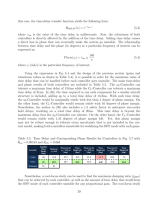 this case, the time-delay transfer function yields the following form:
HDELAY(s) = e−τms s
(5.3)
where τms is the value of the time delay in milliseconds. Now, the robustness of both
controllers is directly aﬀected by the addition of the time delay. Adding time delay causes
a direct loss in phase that can eventually make the system go unstable. The relationship
between time delay and the phase (in degrees) at a particular frequency of interest can be
expressed as:
Phase(ω) = τms ω
180
π
(5.4)
where ω [rad/s] is the particular frequency of interest.
Using the expression in Eq. 5.4 and the design of the previous section (gains and
robustness values as shown in Table 5.4), it is possible to solve for the maximum value of
time delay that can be handled before each controller goes unstable. The main time-delay
and phase results of both controllers are included in Table 5.5. The aZ-Controller can
tolerate a maximum time delay of 13.6ms while the CL-Controller can tolerate a maximum
time delay of 21ms. In [36], the time required to run each component for a similar aircraft
structure is included, adding up to a total time delay of 13.2ms. With such time delay,
the aZ-Controller would be marginally stable with less than 1 degree of phase margin. On
the other hand, the CL-Controller would remain stable with 16 degrees of phase margin.
Nonetheless, the author in [36] also includes a 1.5 safety factor to anticipate zero-order
hold delays, resulting on a total time delay of 20ms. This time delay is beyond the
maximum delay that the aZ-Controller can tolerate. On the other hand, the CL-Controller
would remain stable with 1.45 degrees of phase margin left. Yet, this phase margin
may not be robust enough to tolerate extra uncertainty that is not included in the cur-
rent model, making both controllers unsuitable for stabilizing the BFF mode with such gains.
Table 5.5: Time Delay and Corresponding Phase Results for Controllers in Fig. 5.7 with
Kaz = 0.00183 and KCL = 0.668
Nonetheless, a root-locus study can be used to ﬁnd the maximum damping ratio (ζBFF)
that can be achieved by each controller, as well as the amount of time delay that would keep
the BFF mode of each controller unstable for any proportional gain. The root-locus study
39
 