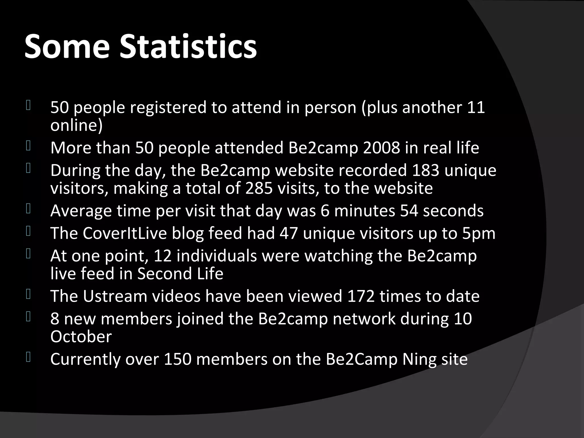  50 people registered to attend in person (plus another 11
online)
 More than 50 people attended Be2camp 2008 in real life
 During the day, the Be2camp website recorded 183 unique
visitors, making a total of 285 visits, to the website
 Average time per visit that day was 6 minutes 54 seconds
 The CoverItLive blog feed had 47 unique visitors up to 5pm
 At one point, 12 individuals were watching the Be2camp
live feed in Second Life
 The Ustream videos have been viewed 172 times to date
 8 new members joined the Be2camp network during 10
October
 Currently over 150 members on the Be2Camp Ning site
Some Statistics
 