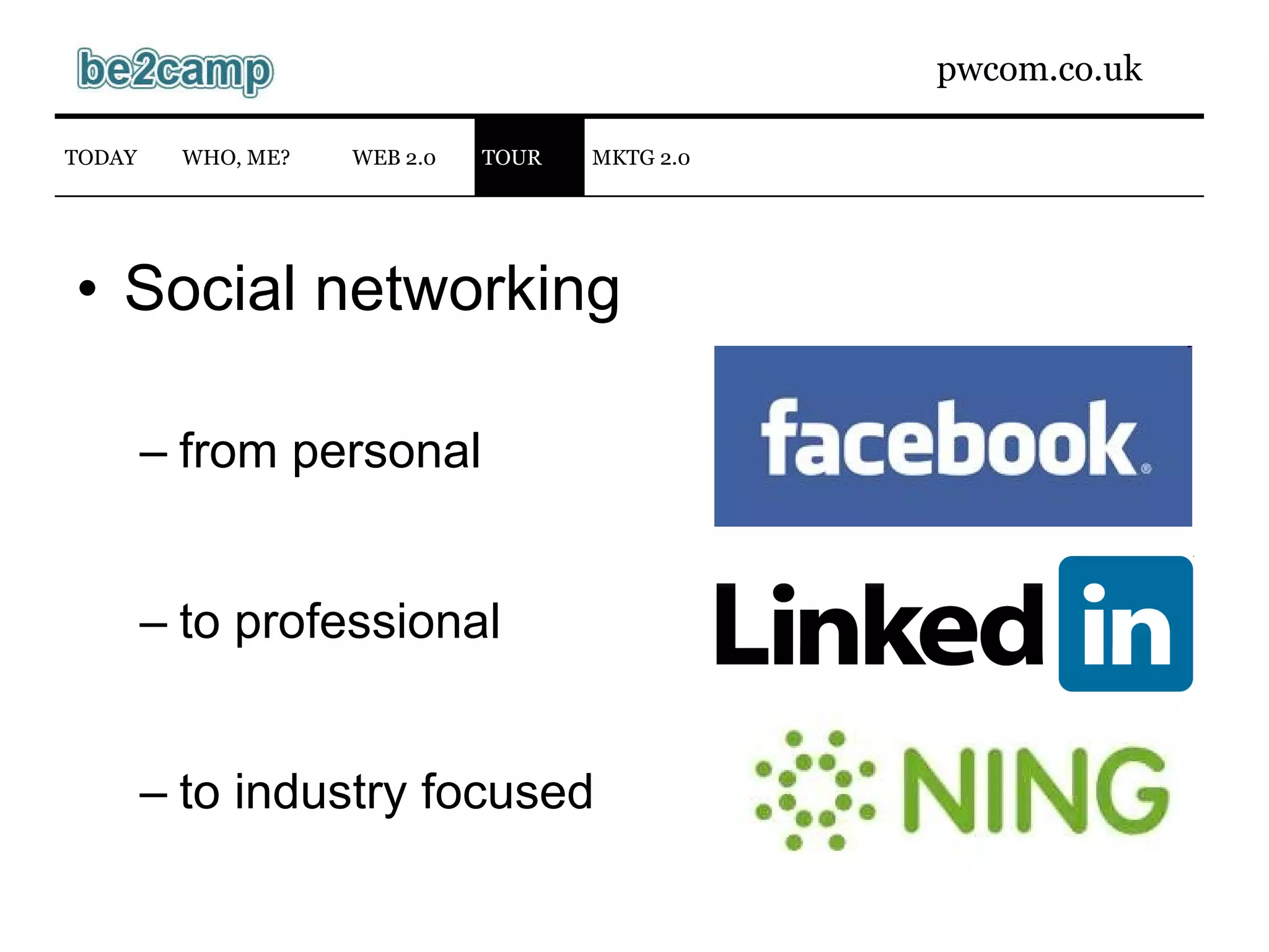 Social networking from personal to professional to industry focused  WEB 2.0 TODAY WHO, ME? TOUR MKTG 2.0 