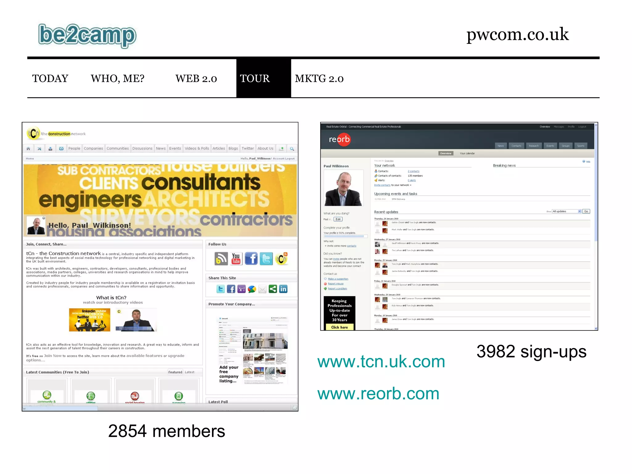 www.tcn.uk.com www.reorb.com 2854 members 3982 sign-ups WEB 2.0 TODAY WHO, ME? TOUR MKTG 2.0 