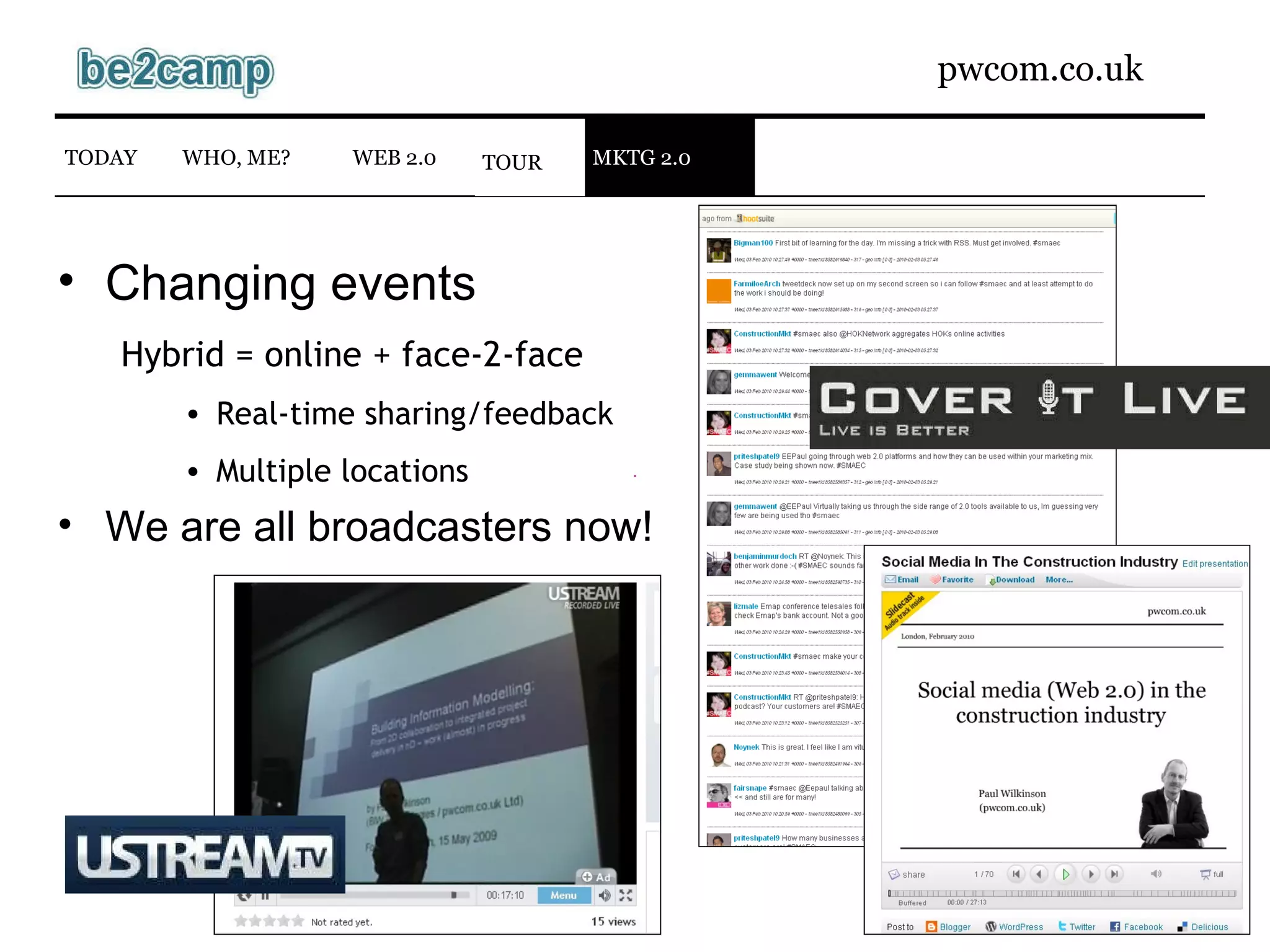Changing events   Hybrid = online + face-2-face Real-time sharing/feedback Multiple locations We are all broadcasters now! TOUR WEB 2.0 TODAY WHO, ME? MKTG 2.0 