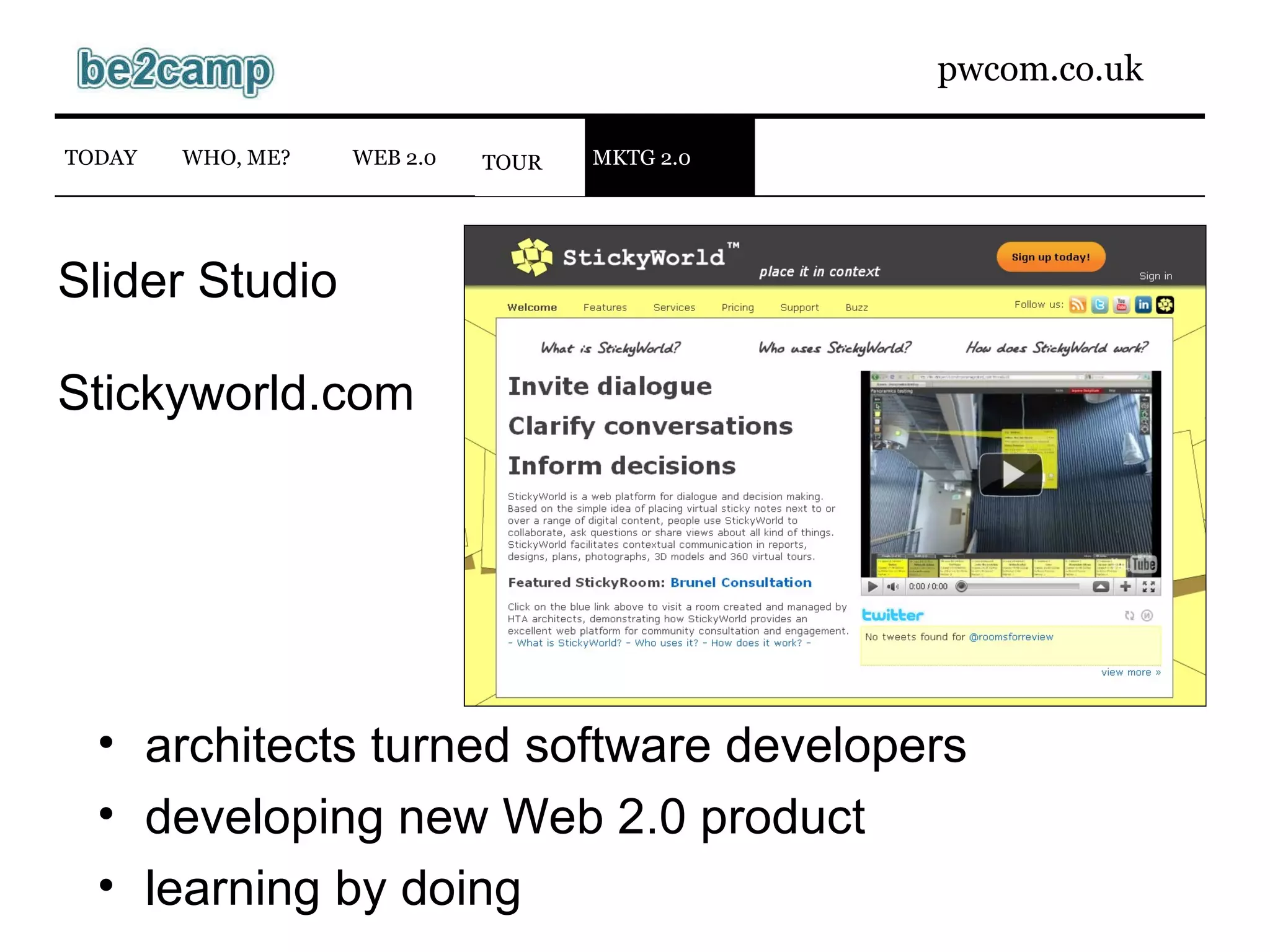Slider Studio Stickyworld.com architects turned software developers developing new Web 2.0 product learning by doing WEB 2.0 TODAY WHO, ME? TOUR MKTG 2.0 