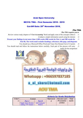 Arab Open University
BE310: TMA – First Semester 2018 - 2019
Cut-Off Date: 29th
November 2018
The TMA:
The TMA requires you to:
1-Review various study chapters of ’Cost Accounting’ Book and apply some of the concepts within it.
2-Conduct a simple information search using the internet.
3-Present your findings in not more than 1,200 words (900 words for Part A and 300 words for
Part B). The word count excludes headings, references, title page, and diagrams.
4-You should use a Microsoft Office Word and Times New Roman Font of 12 points.
5-You should read and follow the instructions below carefully. Each part of the process will carry
marks for the assignment.
Criteria for Grade Distribution:
Criteri
a
Content Referencin
g
Structure and
Presentation
of ideas
Total
marksPart A Part B
Supply chain, Decision
making, CVP Analysis
Job Costing for
Modern
 