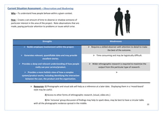 10
Strengths Weaknesses
 Builds employee involvement within the project.  Requires a skilled observer with attention to detail to make
the best of the outcome.
 Generates relevant, quantifiable data and may provide
excellent stories.
 Time consuming and may be logistically difficult.
 Provides a deep and relevant understanding of how people
really use your service/product.
 Wider ethnographic research is required to maximise the
output from this particular type of research.
 Provides a more holistic view of how a complex
system/product works, including identifying the interaction
between the user, the product and the organisation.

Current Situation Assessment – Observation and Shadowing
Why – To understand how people behave within a given context.
How – Create a set amount of time to observe or shadow someone of
particular interest in the area of the project. Note observations that are
made, paying particular attention to problems or issues which arise.
 Resources: 1) Photographs and visual aids will help as a reference at a later date. Displaying them in a ‘mood-board’
style may be useful.
2) Access to other forms of ethnographic research, (visual, video etc.)
3) An ‘inclusive’ group discussion of findings may help to spark ideas, may be best to have a circular table
with all the photographic evidence spread in the middle.
 
