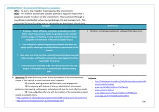 106
Strengths Weaknesses
 Produces a higher efficiency orientation product/service that
better satisfy the customer needs the growing need to consider
material usage and recycling, reusing and carbon footprint issues,
alongside environmental and health and safety impact.
 Tendency to make generalisations and superficial statements.
 Cost reduction by eliminating functions/material that does not
supply specific advantages to satisfy efficiency requirements of the
product.

 New ideas that arise from the creativity/innovation phase may add
radical changes and therefore competitive advantages that will be
regarded by the market.

 A new systematic mentality to be taken into account for the next
designs of new products or to systematically improve existing
ones.

Development – Environmental Impact Assessment
Why – To assess the impact of the product on the environment.
How – This method assesses the possible positive or negative impact that a
proposed project may have on the environment. This is achieved through a
coordinated relationship between project design, EIA and management. This
is intended to be an iterative process rather than an assessment of end state.
 Resources: 1) When discussing issues, during the creation of the documentation
output of this method, a cross-functional team is needed.
2) A circular seating position will help with group engagement.
3) Pre-planning with the use of process identification, information
gathering, interviewing and mapping, and analysis will give the most effective results.
4) Tools and guidance to help with the creation of the sustainable product
output is available online;
- http://cadlab.mit.edu/publications/abstract.shtml?98-borland-asme-dt-conference
- http://environmentalassessment.eu/methodology.html
Software
- http://sdo.ew.eea.europa.eu/tools/design-environment-dfe-
environmental-impact
- www.sustainableminds.com/software/
- www.umberto.de/en/
- www.dhigroup.com/SolutionSoftware/RIAM.aspx
- www.epa.gov/nrmrl/std/traci/traci.html
 