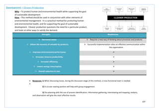 107
Strengths Weaknesses
 Decreases waste.  Requires a new way of thinking about processes and products.
 Allows the recovery of valuable by-products.  Successful implementation relies on effective communication within
the organisation.
 Improves environmental performance. 
 Increases resource productivity. 
 Increases efficiency. 
 Lowers energy consumption. 
 Overall reduction in cost. 
Development – Cleaner Production
Why – To protect human and environmental health while supporting the goal
of sustainable development.
How – This method should be used in conjunction with other elements of
environmental management. It is a practical method for protecting human
and environmental health, and for supporting the goal of sustainable
development. Cleaner production questions the need for a particular product,
and looks at other ways to satisfy the demand.
 Resources: 1) When discussing issues, during the discussion stage of this method, a cross-functional team is needed.

2) A circular seating position will help with group engagement.
3) Pre-planning with the use of process identification, information gathering, interviewing and mapping, analysis,
and observation will give the most effective results.
 